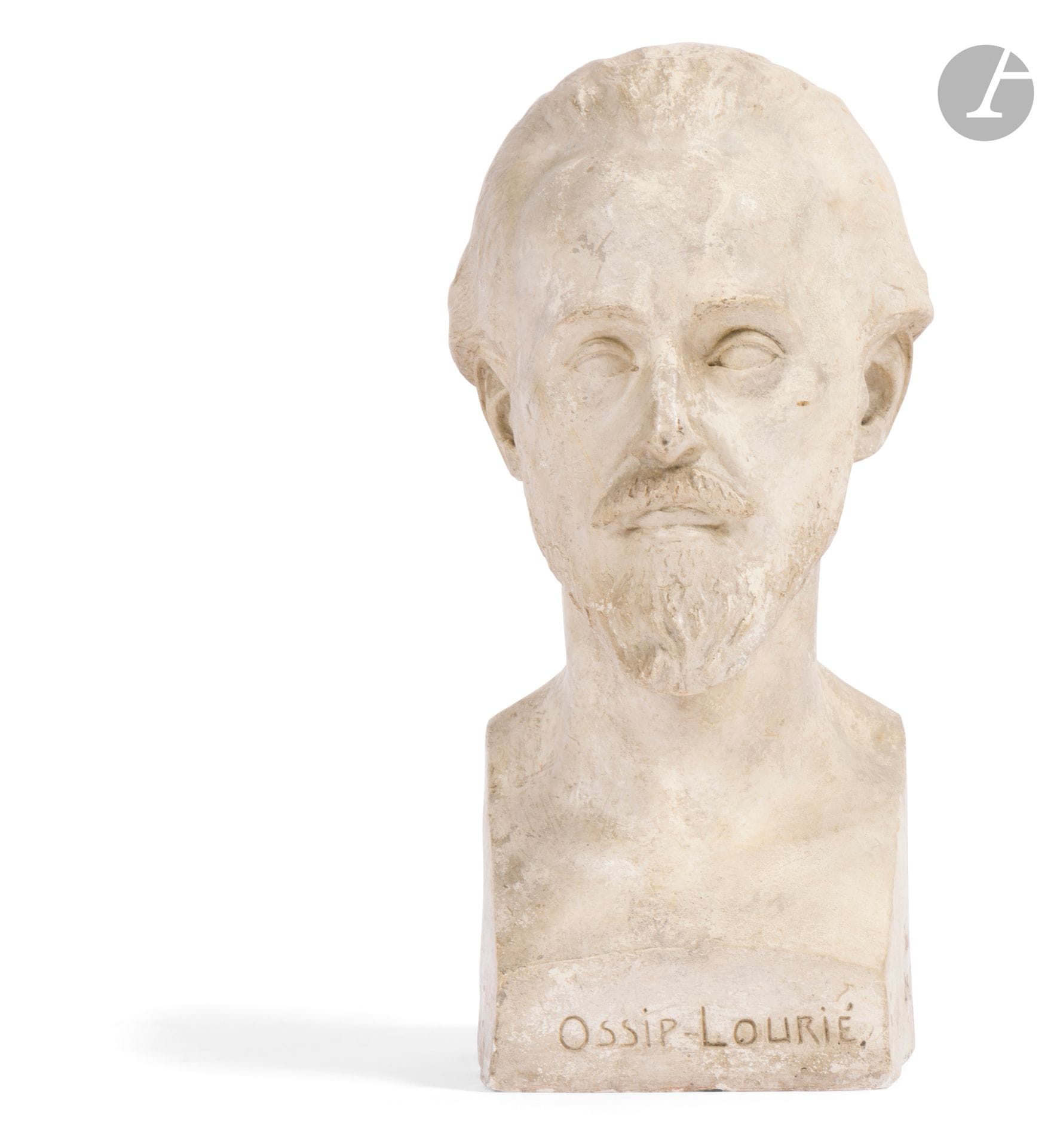 Bogomir Dalma (1899, Plevlia (Yugoslavia before 1991) - 1932, Saint-Tropez)
Portrait of Ossip Lourié (1869-1955)
Bust in patinated plaster
Titled "OSSIP LOURIE" on the front
Signed and dated "BOSOMIR / DALMA / 1924" on left side
H. 47 cm
Wear and stains

Bogomir Dalma was a painter and sculptor of Yugoslav nationality. From 1926 to 1931, B. Dalma exhibited at the Salon des Artistes Indépendants in Paris. His portrait is of Ossip Lourié (1869-1955), professor at the Université nouvelle de Bruxelles and Doctor of the Faculty of Letters at the Université de Paris. He was a Franco-Russian writer specializing in the study of Tolstoy and Ibsen through the prism of a sociological and philosophical approach.