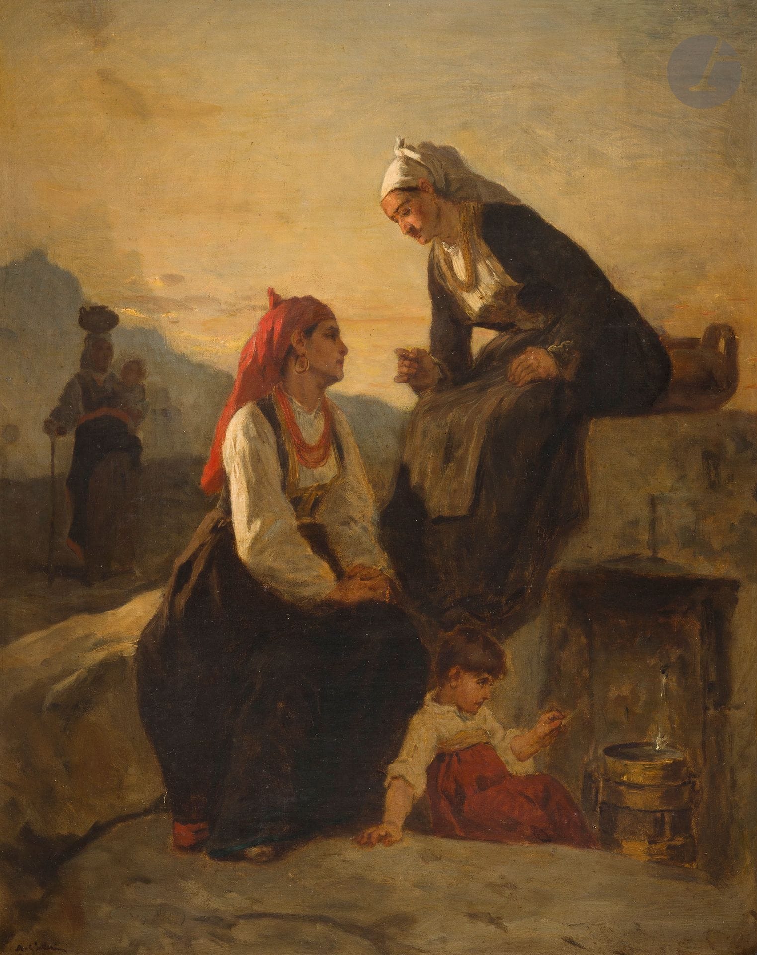 Alexandre Marie GUILLEMIN (Paris 1817-Bois-le-Roi 1880)
Les Femmes et le Secret
Toile
Signé et contre signé en bas à gauche "A.Guillemin" ; cachet de cire rouge de la vente Guillemin au revers du châssis
60 x 49 cm

Provenance :
Vente des tableaux d'Alexandre Guillemin, Paris, Hôtel Drouot, (Me Lechat), 8 avril 1881, n°8 (375 fr).

Le sujet illustre la sixième fable du Livre VIII situé dans le second recueil des Fables de la Fontaine.