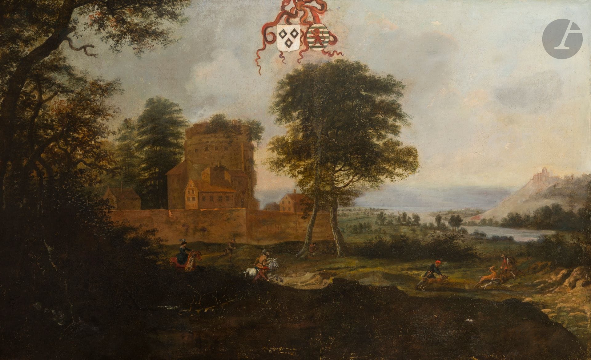 École flamande vers 1700, suiveur de Tobias VERHAECHT 
Paysage avec une scène de chasse à courre
Toile
Porte des blasons armoriés ; Inscriptions au revers du cadre " M Grommadia n°862 " (?)
Restaurations anciennes
92 x 151,5 cm

Les blasons en haut au centre pourraient être ceux de deux familles françaises, la famille de Brie-Serrant et la
famille Dampierre.