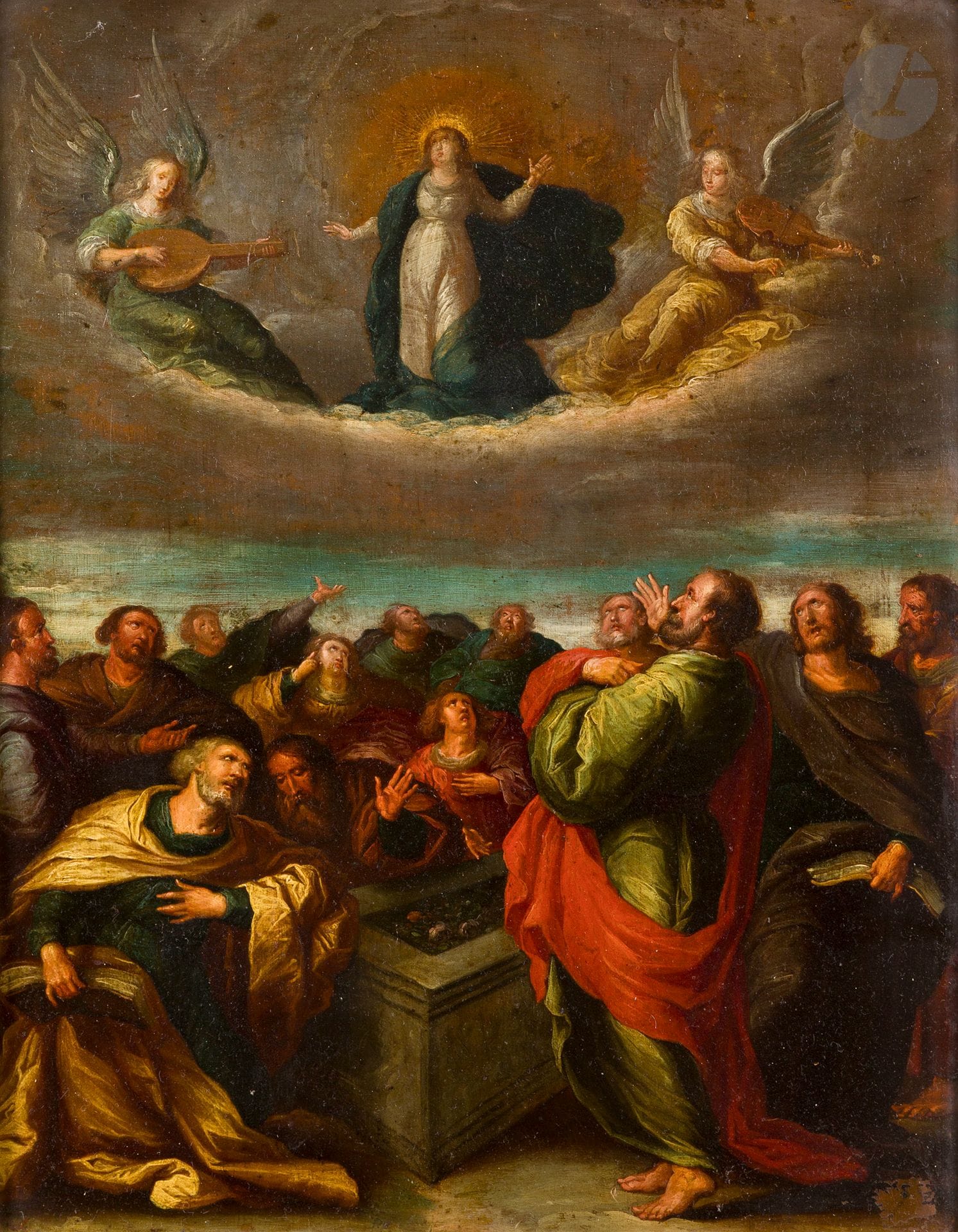 École flamande du XVIIe siècle, atelier de Frans FRANCKEN
L'Assomption 
Cuivre 
Cadre du XVIIIe siècle 
Porte une inscription au centre '1698 / FRANC F'. Porte des inscriptions au revers du cuivre 'Poullacr fils'
40,7 x 31,8 cm
Restaurations anciennes

Provenance : 
Famille Delaroche-Vernet