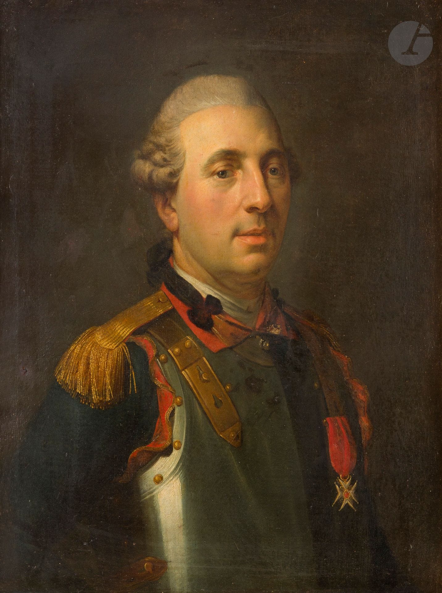École française de la fin du XVIIIe siècle
Portrait d'homme en armure décoré de la croix de Saint Louis
Toile d'origine
73,5 x 59,5 cm
Restaurations anciennes