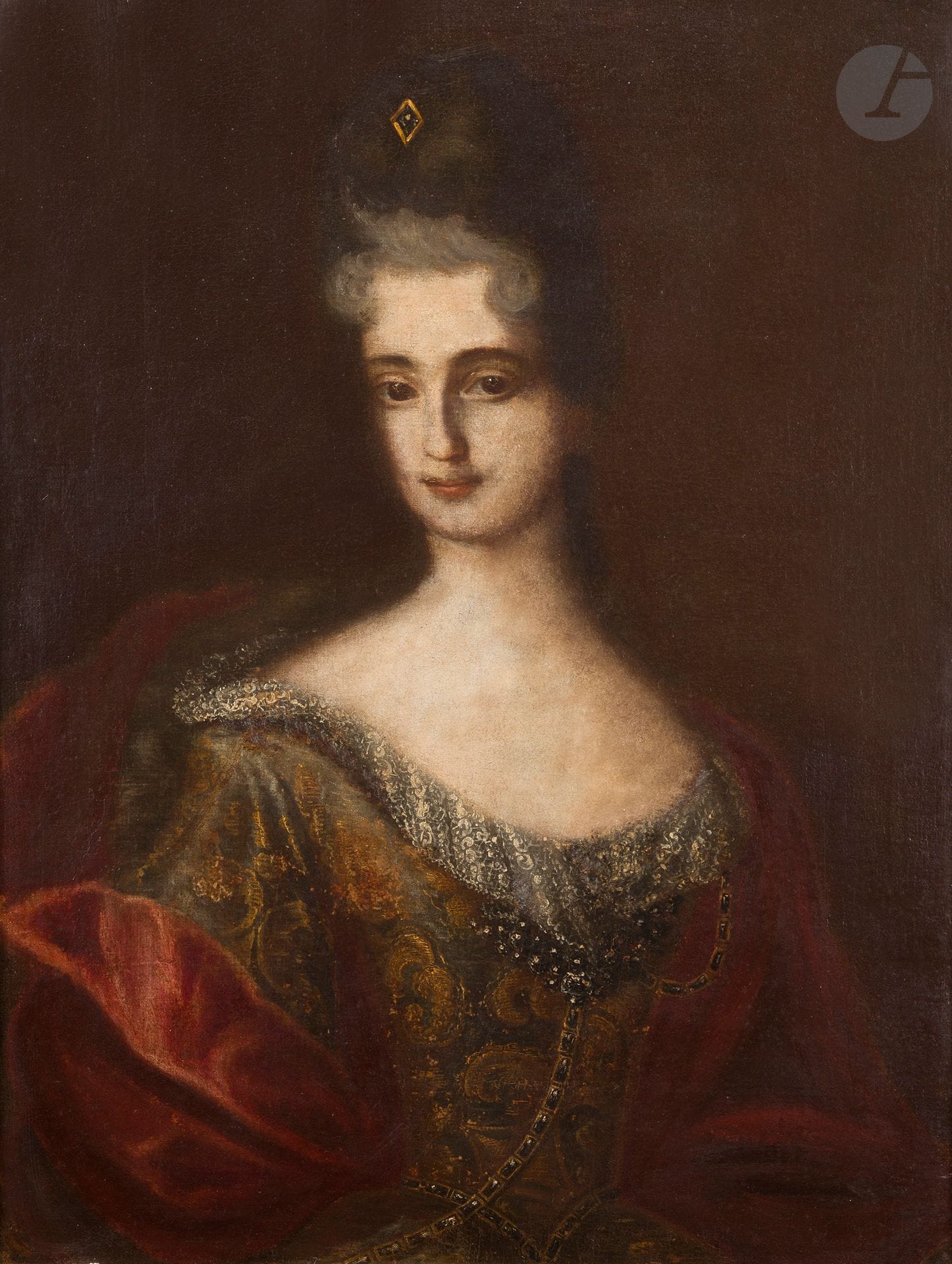 École italienne du XVIIIe siècle
Portrait de femme au manteau rouge
Toile 
81 x 61 cm
Restaurations anciennes

Porte des inscriptions récentes au crayon au revers du cadre difficilement lisibles " higher Mellerio / Alberto Turofo ... " (?)