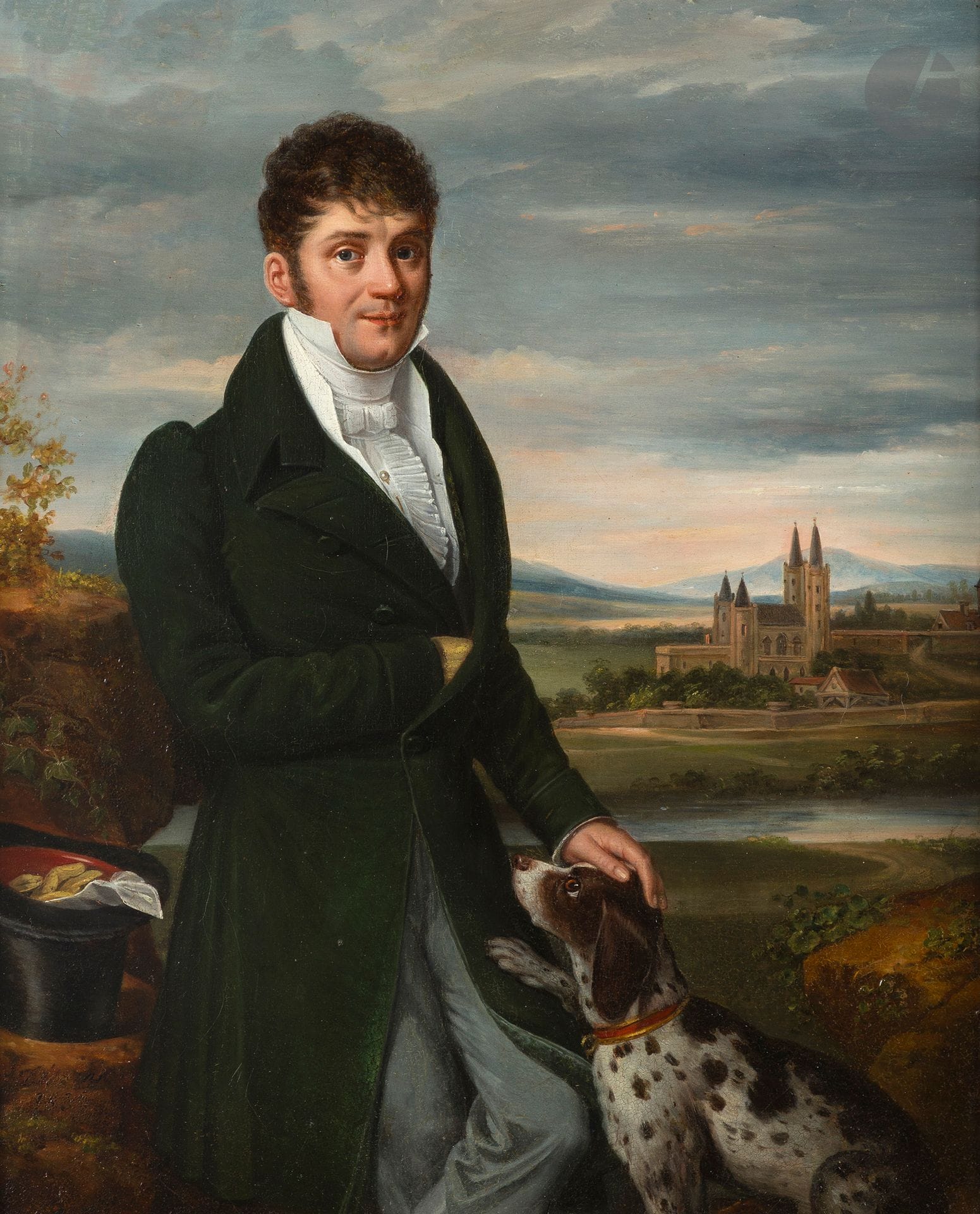 Jenny DESORAS (Lay 1776 - Coutarnoux 1858)
Portrait d'homme et son chien dans un paysage
Toile d'origine (Binant Paris)
Signé et daté en bas à gauche " J. Desoras / 1831 "
46 x 37,5 cm