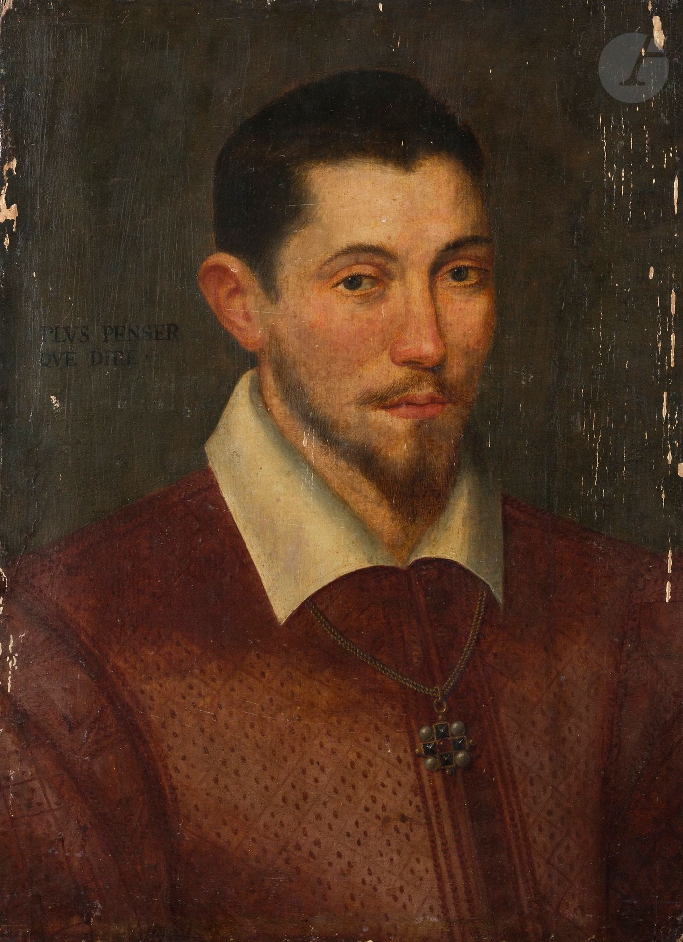 École flamande vers 1590
Portrait de gentilhomme
Panneau de chêne, parqueté 
51 x 38 cm
Restaurations anciennes, soulèvements et manques