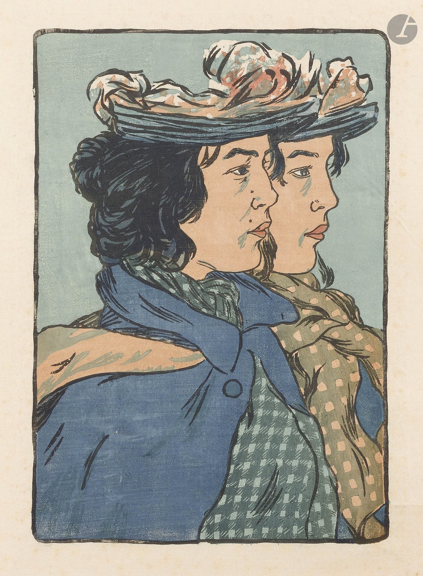 George Auriol (Jean Georges Huyot, dit) (1863-1938)
Les Sœurs jumelles. Vers 1899. Bois gravé. 243x355mm. Fields 1. Impression en couleurs. Très belle épreuve sur japon vergé mince. Quelques rousseurs claires. Toutes marges. Très rare. 

Provenance:
Michel Romand (1929-2013), arrière-petit-fils d’Edmond Sagot (1857-1917).