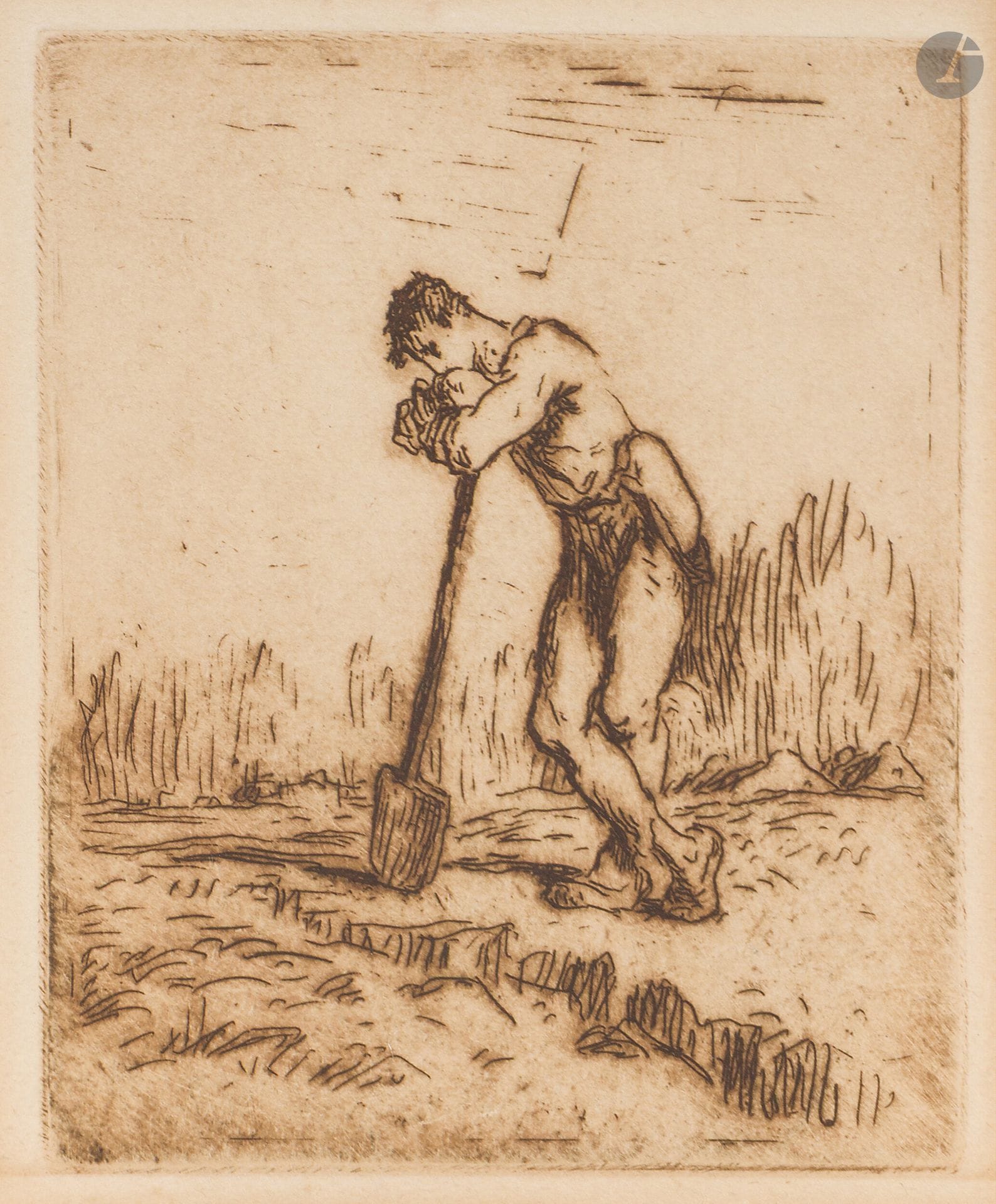 Jean-François Millet (1814-1875)
Man leaning on his spade. Etching. 66x84mm. Delteil 3. Fine proof printed in brown on thin ivory vellum. Small normal margins.