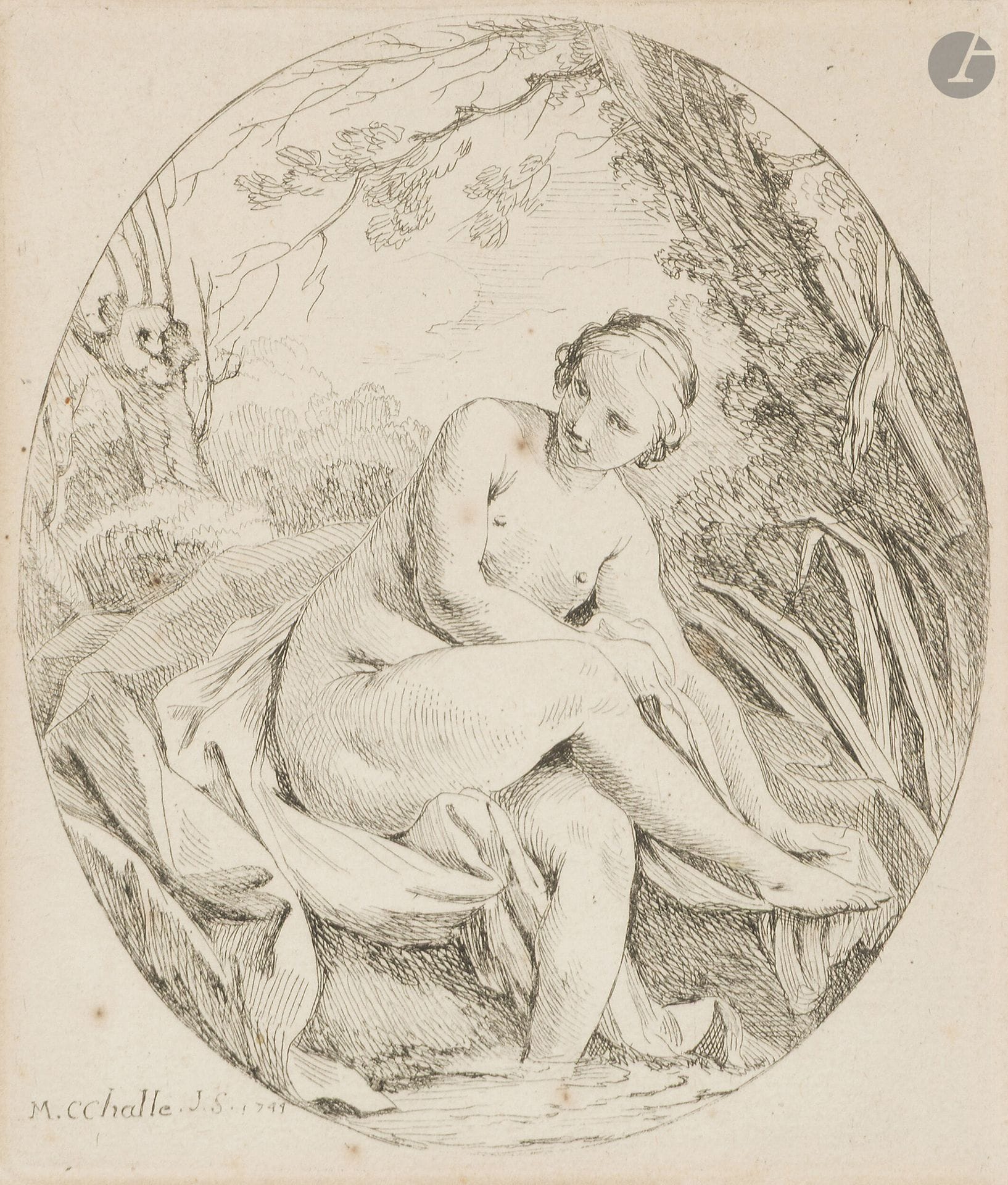 Charles Michel Ange Challe (1718-1778)
Diana bathing; Woman bathing. Pendants. 1744. Etching. Each at sight: 135x160mm. I.F.F. (only pieces cited). Fine proofs on laid paper. Some foxing. Margins. Frames (not examined out of frame). 2 p. set.