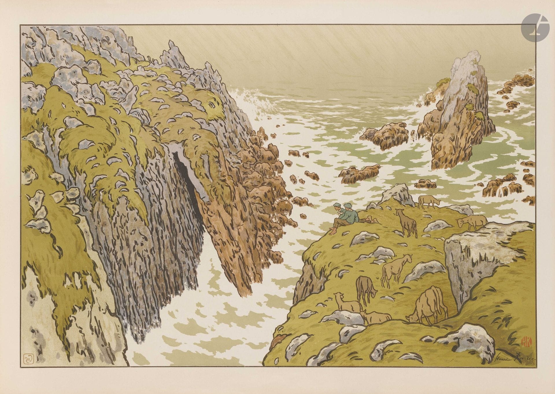 Henri Rivière (1864-1951)
The cliff. (Pl. des Aspects de la Nature). 1897. Lithograph. 828x550mm. Levasseur-Le Bohec 3. color print. Very fine proof on glazed vellum. Full margins.