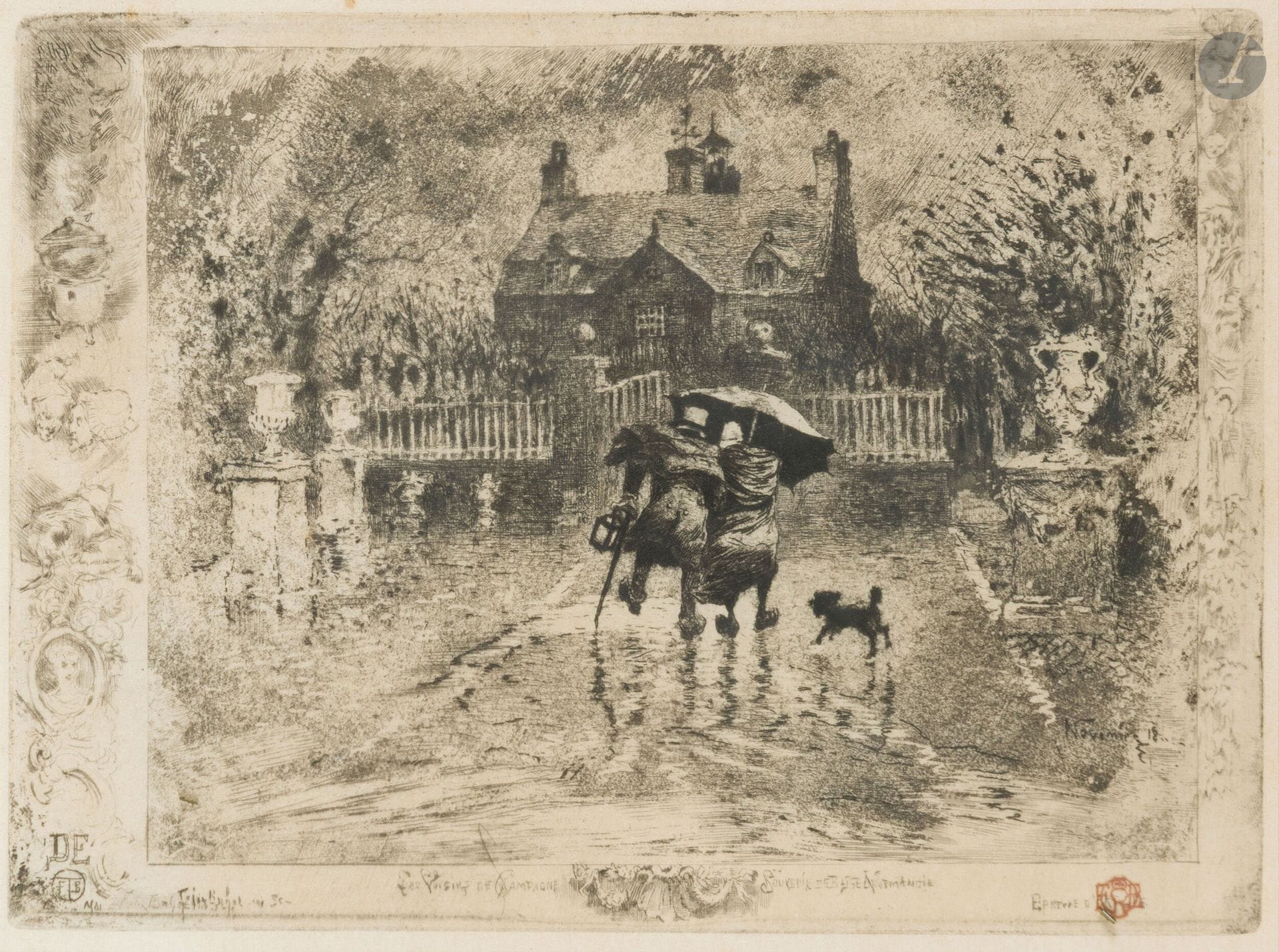 Félix Buhot (1847-1898)
Les Voisins de campagne. 1879-1880. Eau-forte et pointe sèche. À vue: 196x145mm. Bourcard-Goodfriend 148. Très belle épreuve sur vélin blanc, timbrée(Lugt 978). Quelques rares rousseurs claires. Marges. Cadre (non examinée hors du cadre).