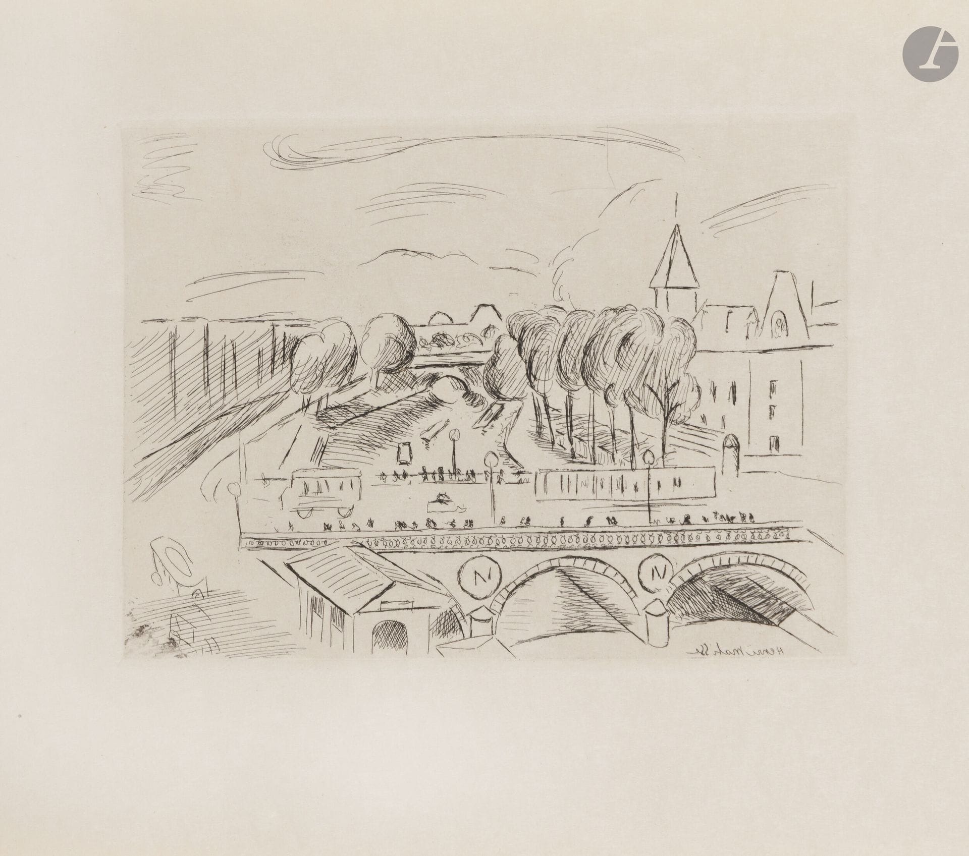 Henri Matisse (1869-1954)
Vue de Paris: Le Pont Saint-Michel. 1927. Eau-forte. 195x145mm. Duthuit-Garnaud 108; Duthuit-Garnaud (Livres illustrés)4. Parfaite épreuve du tirage de tête à 25 épreuves pour Tableaux de Paris, sur japon. Toutes marges [330x255 mm]. Tirage total à 225 épreuves. 

Provenance:
Henri Marie Petiet (1894-1980).