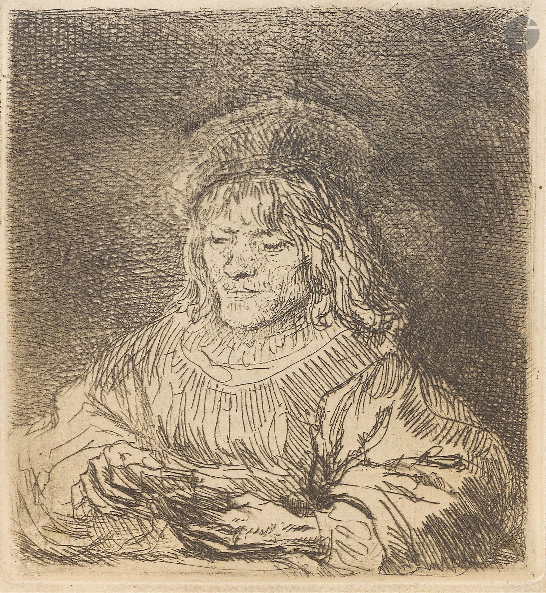 Rembrandt Harmensz. van Rijn (1606-1669)
The Card Player. 1641. Etching. 81x90mm. Bartsch 136; New Hollstein 193. Beautiful proof on buff mechanical laid paper, slightly "wigged", the backgrounds largely taken up and worn, from a print of the second half of the 19th century (Bernard). Small spot of glue in the lower corners of the subject on the recto. Traces of glue in the corners on the front.