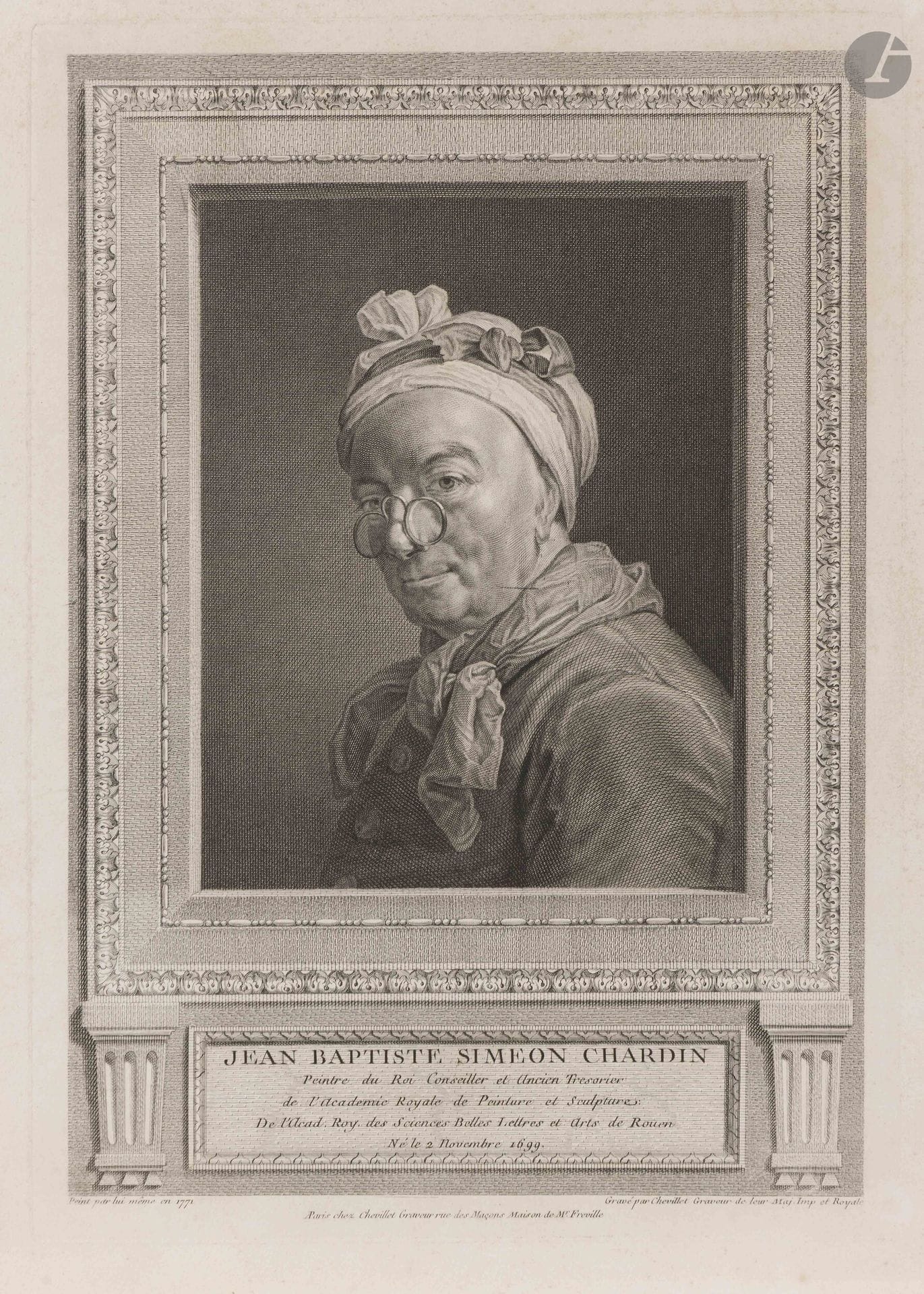 Jean Siméon Chardin (1699-1779) (d’après)
Jean Baptiste Siméon Chardin. Après 1771. Gravé par Chevillet. 245x342mm. Bocher 9. Belle épreuve sur vélin blanc. Petites rousseurs claires. Belles marges, celle du bas rempliée. 

Le pastel qui servit de modèle à cette gravure, datant de 1771, est conservé au Musée du Louvre. Une autre version, postérieure de deux ans, est conservée au Musée des beaux-arts d’Orléans.

«Chardin n’a pas moins de 70 ans lorsqu’il se met au pastel pour compenser ses ennuis de santé qui le privent en grande partie de l’usage de ses yeux, dégradés par des décennies à broyer des pigments. “Mes infirmités m’ont empêché de peindre à l’huile; je me suis rejeté sur le pastel”, écrit-il en 1777 au comte d’Angivillier. De 1771 à 1779, il n’expose plus à chaque Salon du Louvre que des têtes d’études au pastel, dont la critique admire la couleur hardie et savante.» (museeorleans.fr).