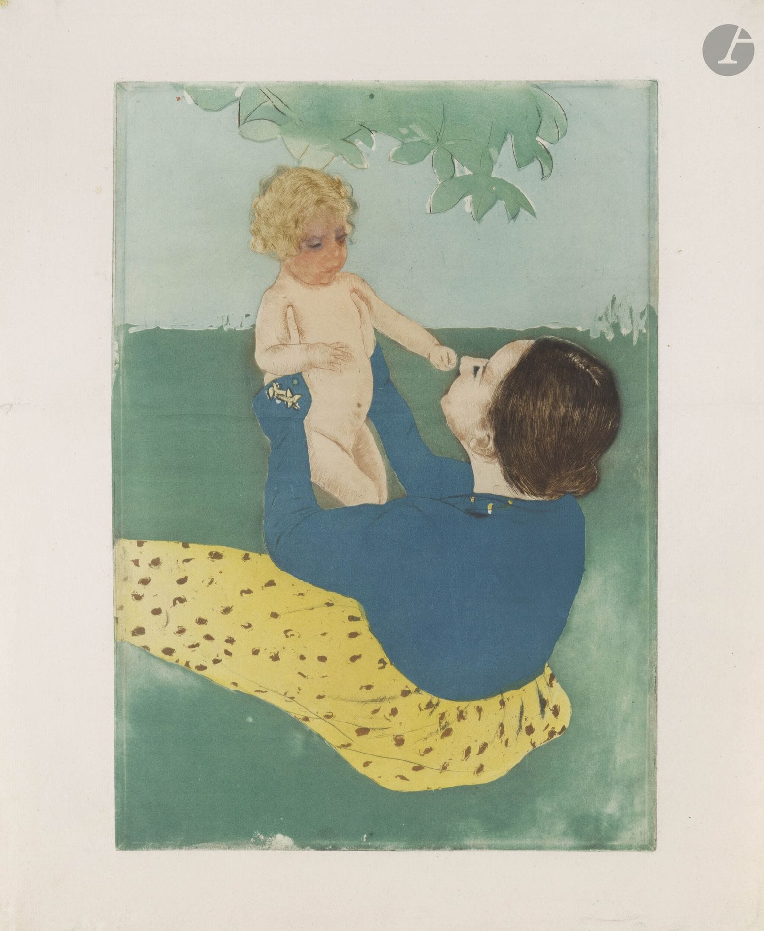Mary Cassatt (américaine, 1844-1926)
Under the Horse-Chestnut Tree (Sous le maronnier). 1896-1897. Pointe sèche et aquatinte. 288x407 [442x510mm]. Breeskin 162; Mathews-Shapiro 20. Impression en couleurs. Très belle épreuve d’essai sur vergé filigrané «Adriaan Rogge», aux couleurs très fraîches et vives, antérieure au tirage à 45 épreuves pour L’Estampe Nouvelle, non signée. Deux déchirures horizontales dans les marges gauche et droite. Petites taches d’encre et ondulations normales aux bords du feuillet. Toutes marges. 

Provenance:
Ambroise Vollard (1866-1939) puis Henri Marie Petiet (1894-1980).