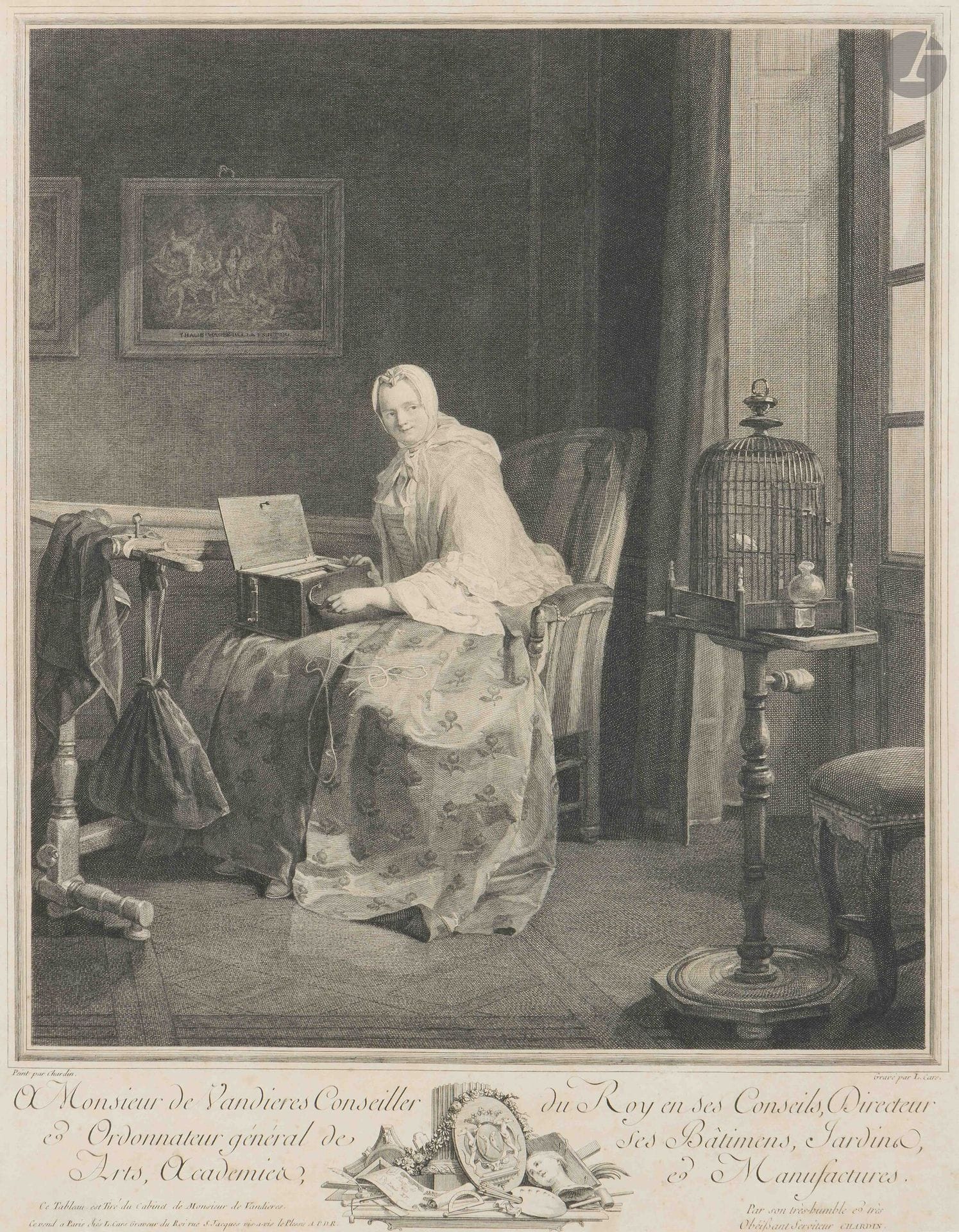 Jean Siméon Chardin (1699-1779) (d’après)
La Serinette. 1753. Gravé par L. Cars. À vue: 375x490mm. Bocher 47. Belle épreuve sur vergé, légèrement insolée. Petites rousseurs claires. Marges. Cadre (non examinée hors du cadre).
