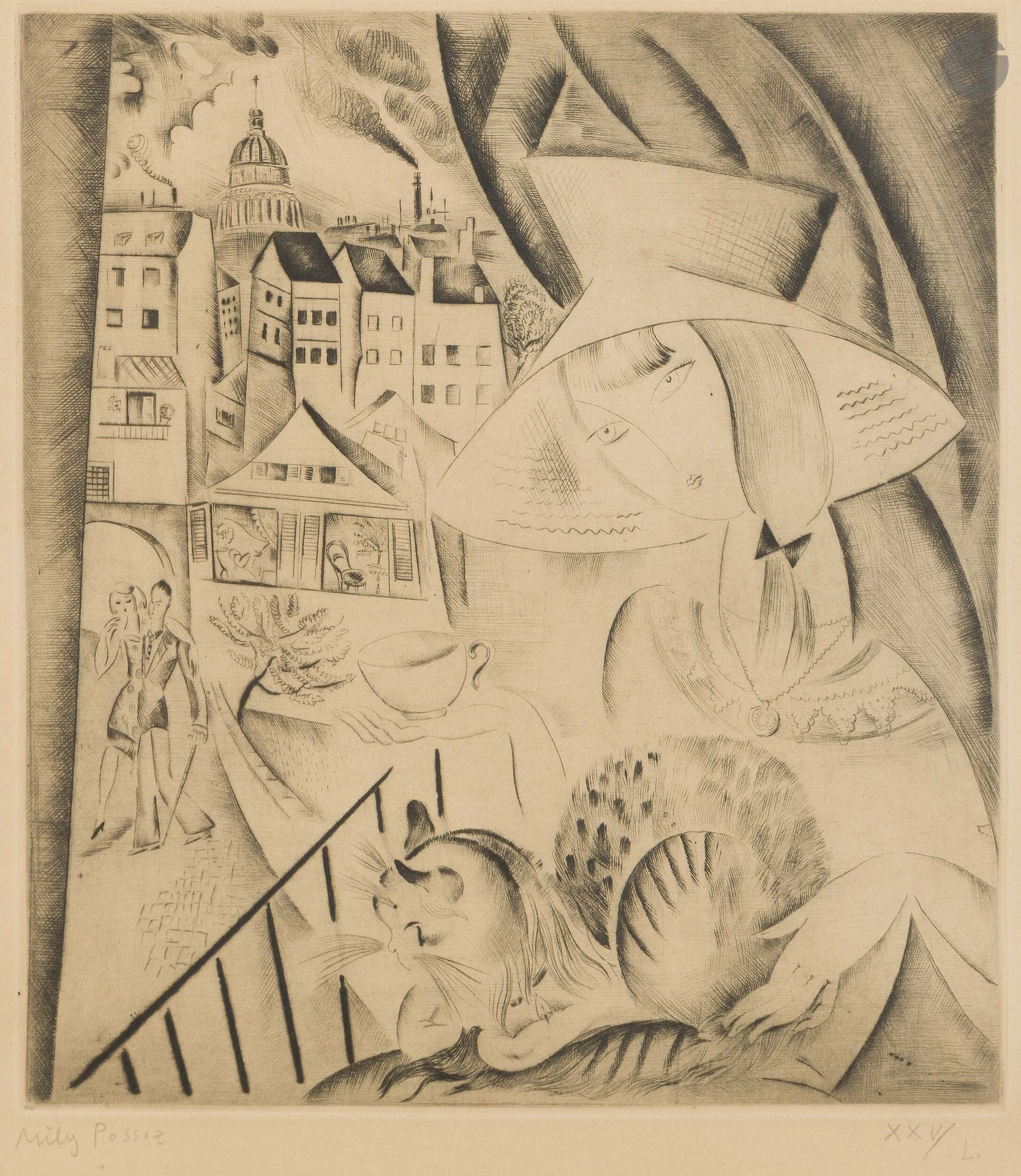 Mily Possoz (Portuguese, 1888-1967)
Woman with cat on a balcony. 1930. Drypoint. Sight: 275x305mm. Fine proof on vellum, signed and numbered in Roman numerals in pencil, insolate. Margins. Edition of 50 proofs. Frame (not examined out of frame).