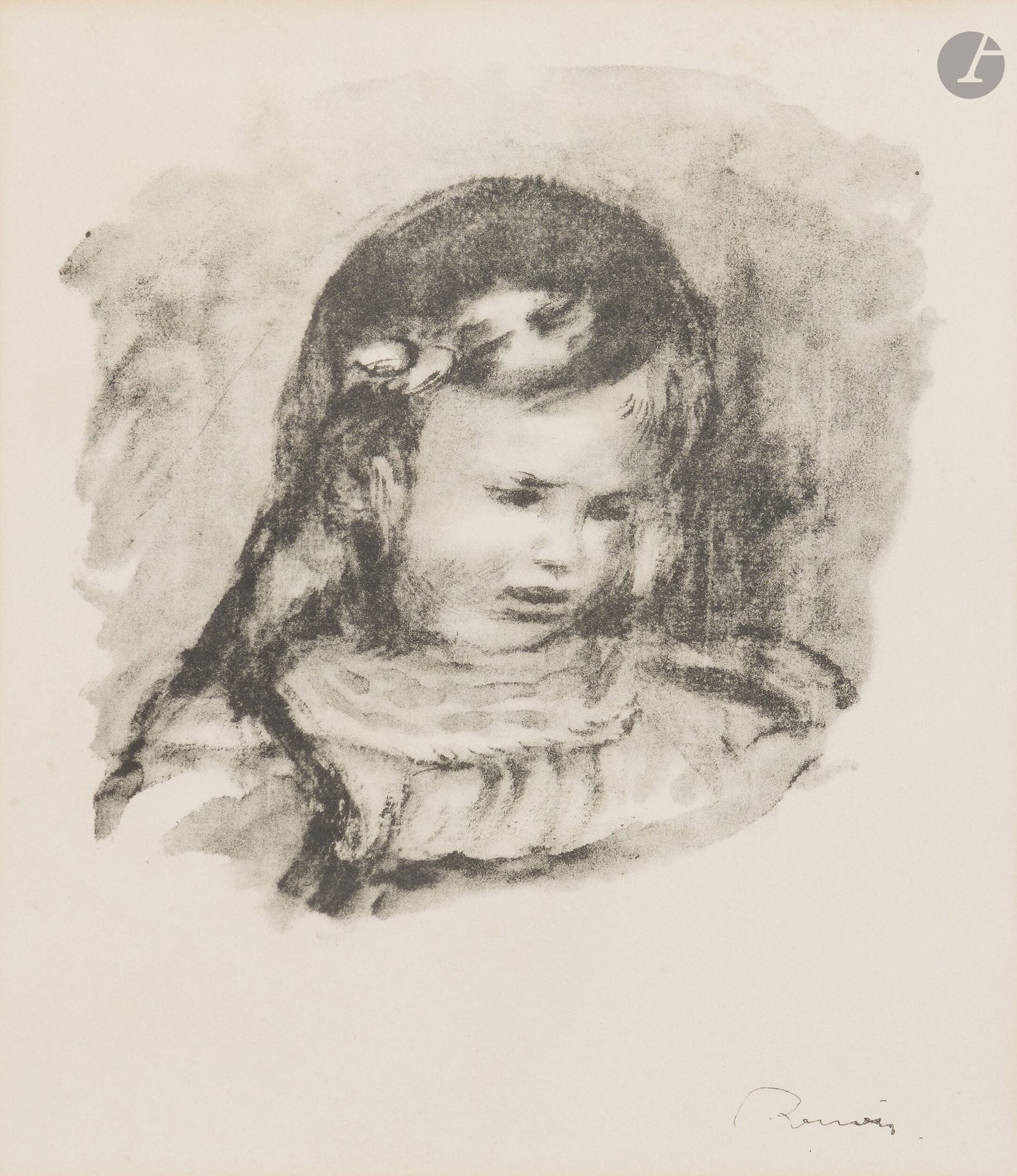 Pierre-Auguste Renoir (1841-1917)
Claude Renoir, la tête baissée. (Pl. des Douze lithographies originales de Pierre Auguste Renoir). 1904. Autographie. 185x195mm. Delteil, Stella 39. Belle épreuve sur vélin, revêtue du timbre de la signature (Lugt 2137a). Très légère trace d’oxydation perceptible à l’ouverture du passe-partout. Marges. A. Vollard éd., 1919. Cadre (non examinée hors du cadre).