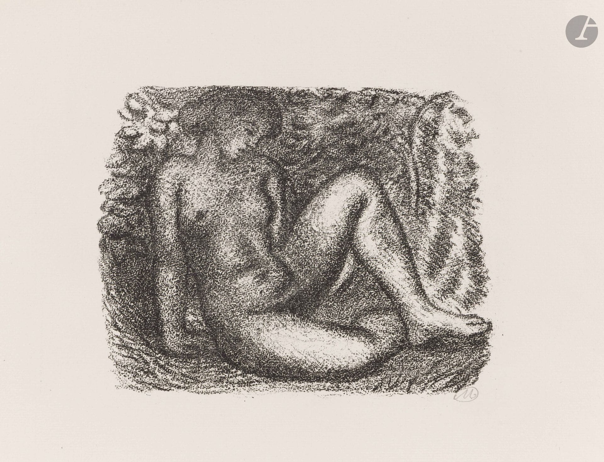 Aristide Maillol (1861-1944)
Nude woman seated under foliage. Autograph. 230x180mm. Guérin 291. Very fine proof on Montval laid paper, signed with the monogram in pencil. Full margins. Dry stamp: H. Petiet éditeur Paris (Lugt 2021a).