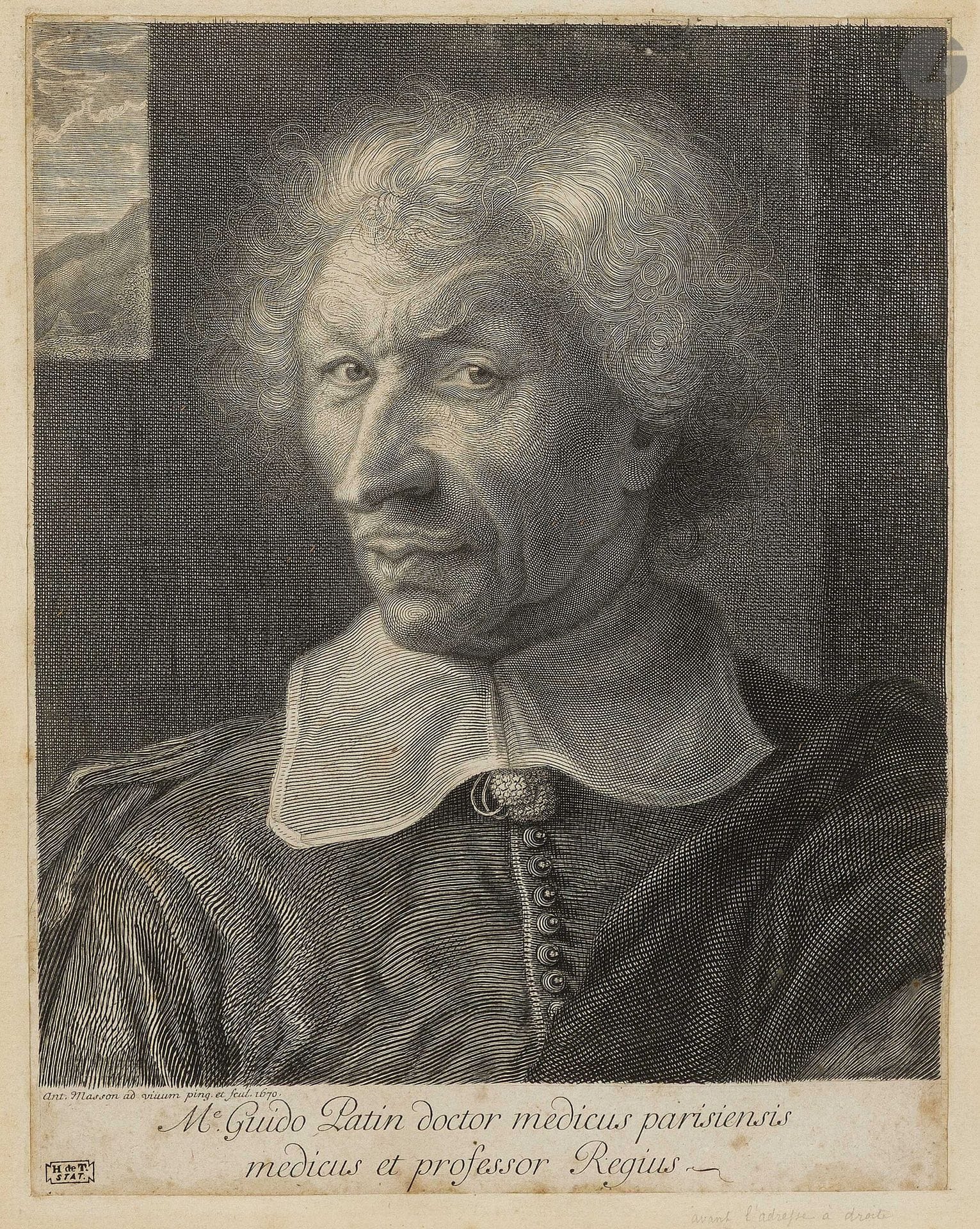 Antoine Masson (1636-1700)
Portrait de Guy Patin, médecin. 1670. Eau-forte et burin. À vue: 172x217mm. Robert-Dumesnil 59. Belle épreuve sur vergé mince, du 2e état (sur 3), avant l’adresse du graveur, remargée et collée par les angles sur vélin. Petites rousseurs. Deux infimes arrachements formant points blancs dans le haut du sujet. Timbre: baron H. de Triqueti (Lugt 1304). Cadre (non examinée hors du cadre). 

Provenance:
Succession baron Henry de Triqueti (1803-1874).