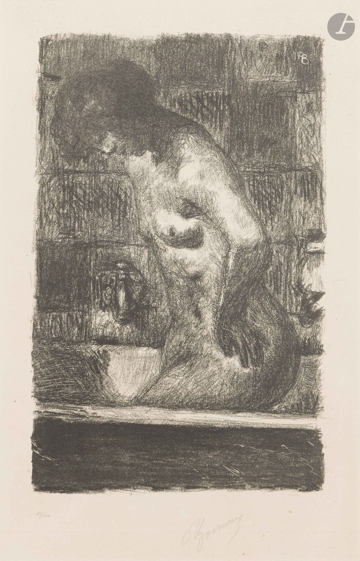 Pierre Bonnard (1867-1947)
Femme debout dans sa baignoire. 1925. Lithographie. À vue: 235x360mm. Bouvet 94. Belle épreuve sur vélin fort crème, numérotée et signée au crayon, très légèrement insolée. Quelques rares rousseurs claires. Marges. Tirage à 100 épreuves. E. Frapier éd. Cadre (non examinée hors du cadre).