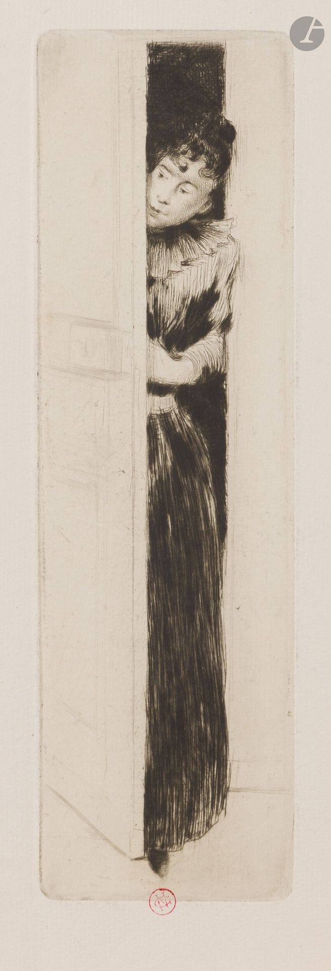 Norbert Goeneutte (1854-1894)
L'Indiscrète (Young Woman at a Door). Circa 1876. Drypoint. 75x260mm. Duvivier 27. Very fine proof on laid paper, stamped (Lugt 1182). Thin oxidized bands at the edges of the sheet. Full margins.