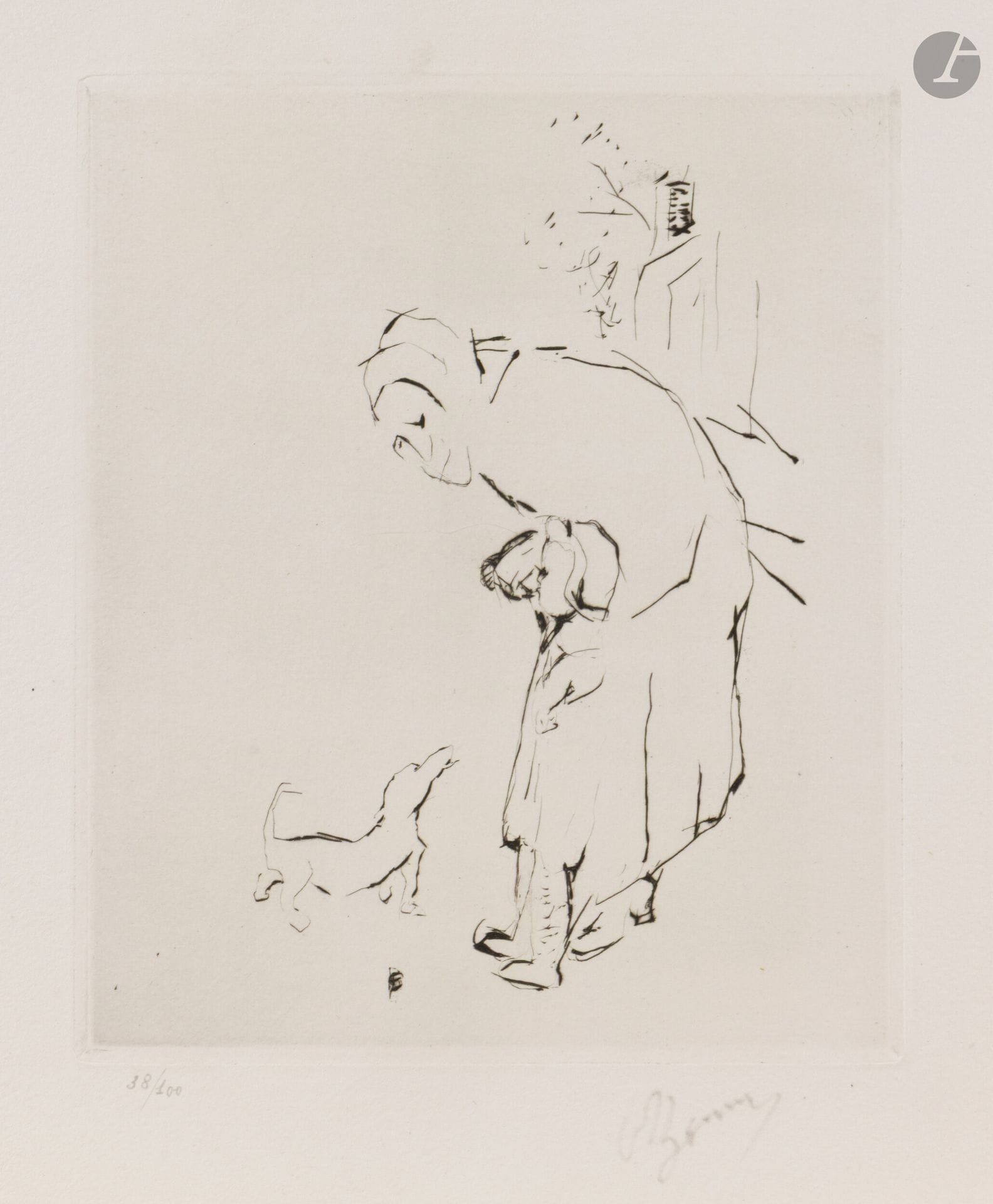 Pierre Bonnard (1867-1947)
La Vieille femme, l’enfant et le basset. 1927. Pointe sèche. 158x190mm. Bouvet 104. Très belle épreuve sur vélin blanc fort, numérotée et signée au crayon. Toutes marges. Tirage à 100 épreuves pour L’Art d’aujourd’hui, A. Morancé éd. Ex-coll. H. M. Petiet (Lugt 5031).