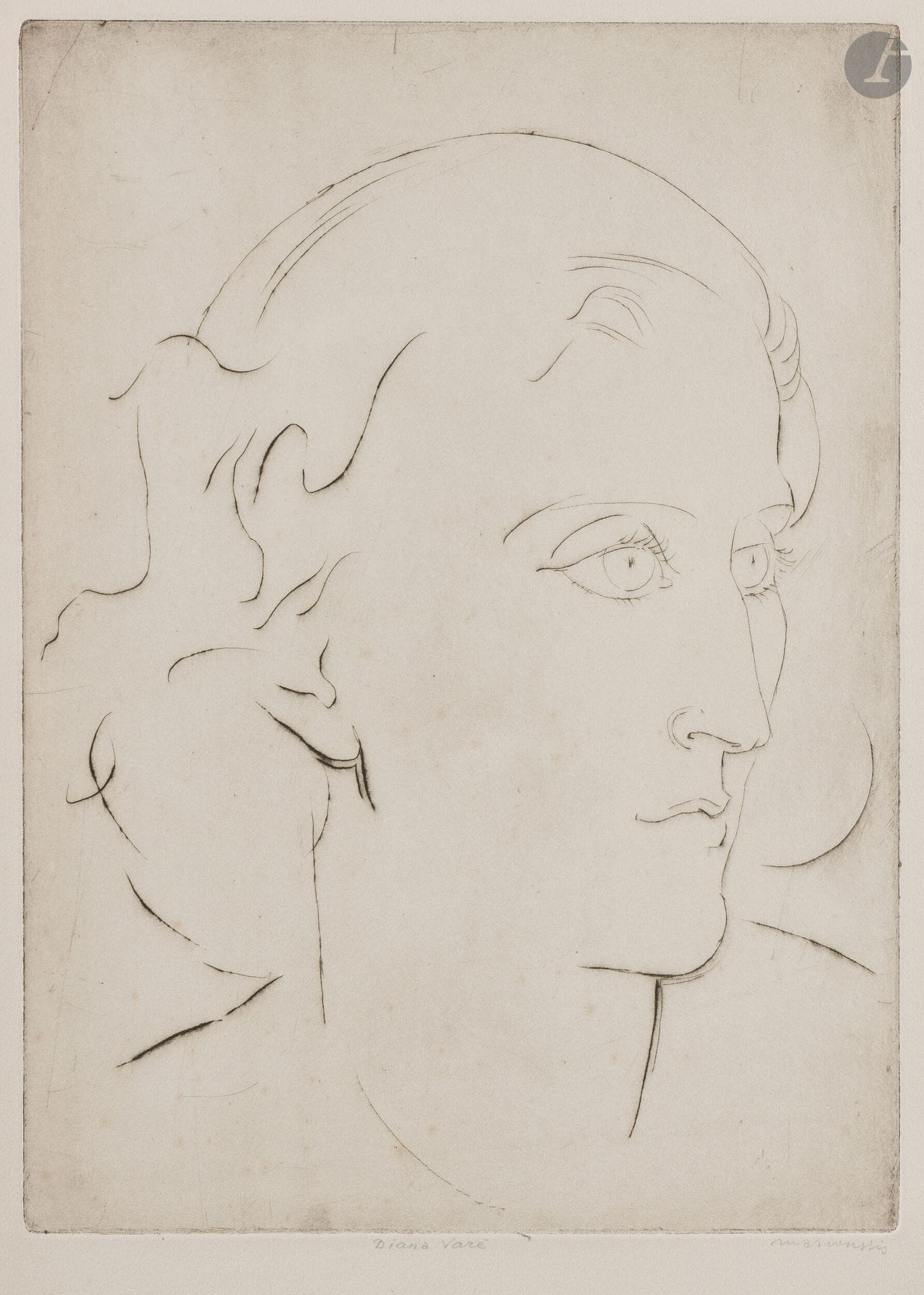 Louis Marcoussis (1883-1941)
Diane Muhlstein-Rothschild. 1938. Pointe sèche. 265x363mm. Milet197. Très belle épreuve sur vélin blanc fort, titrée et signée au crayon. Quelques très claires rousseurs. Toutes marges. Très rare. Tirage à une dizaine d’épreuves. Joint: Maurice Raynal. Vers 1939. Pointe sèche. 245x260mm. Milet202. Très belle épreuve sur vergé grège, annotée «essai 2/2», titrée et signée au crayon. Long et léger pli oblique en marge inférieure. Toutes marges. Très rare (on ne connaît que quelques épreuves d’essai). Ens. 2 p.