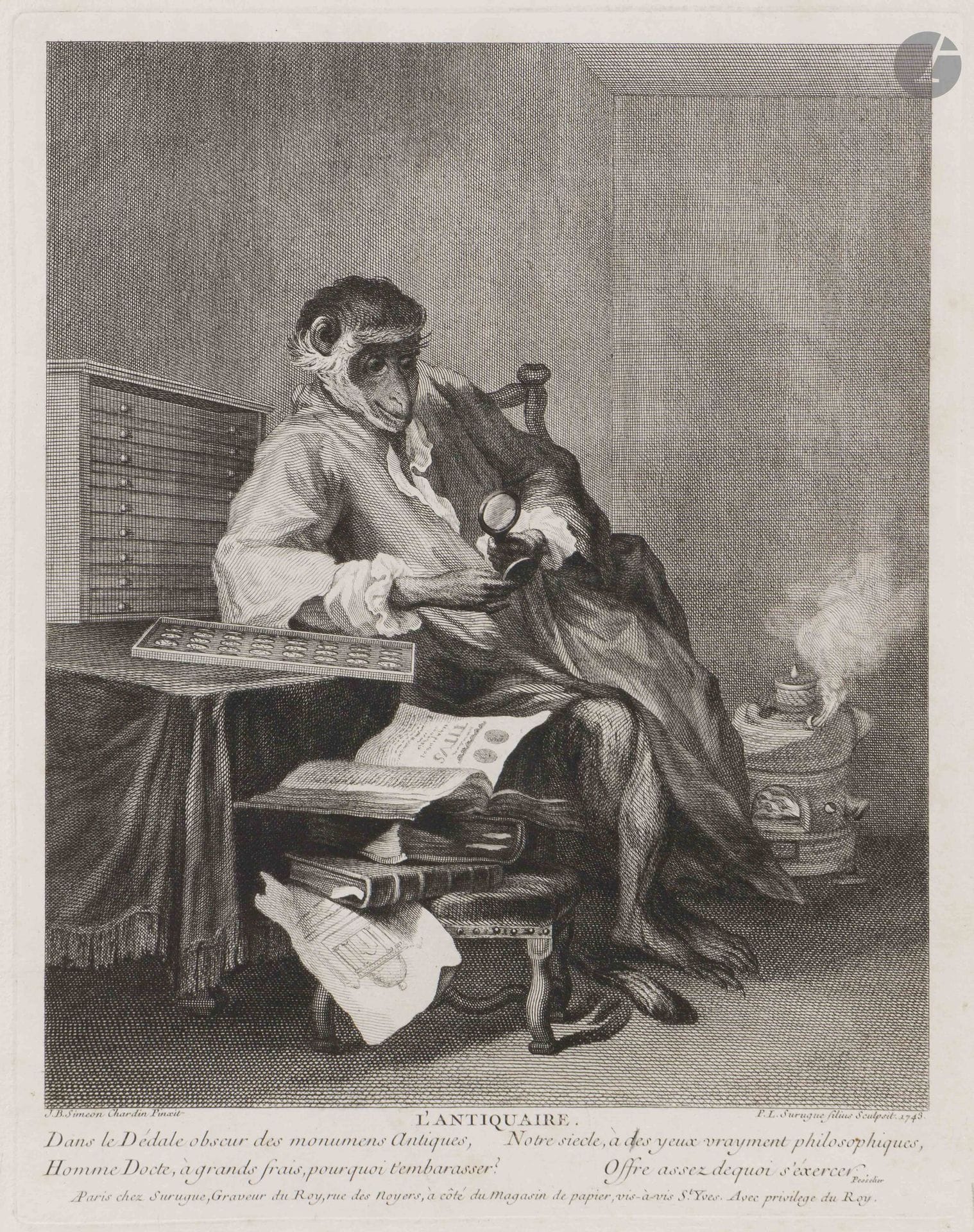 Jean Siméon Chardin (1699-1779) (d’après)
L’Antiquaire. 1743. Gravé par P.L. Surugue le fils. 245x315mm. Bocher 2. Belle épreuve sur vergé, soigneusement lavée, avec annotations d’encadreur au crayon en pied et au verso (fixées par le nettoyage). Petit arrachement en marge inférieure gauche et courte déchirure au bord inférieur droit. Petites traces de colle en tête au verso. Belles marges.