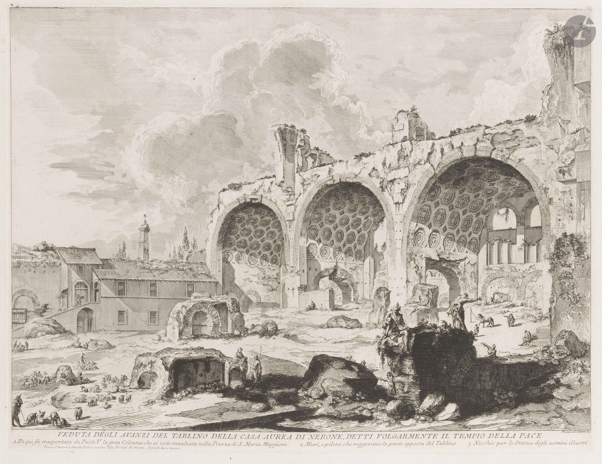 Giambattista Piranesi (1720-1778)
Veduta degli avanzi del tablino della Casa Aurea di Nerone, detti volgarmente il Tempio della Pace. (La Basilique de Constantin). 1757. Eau-forte et burin. 550x417mm. Hind 45. Très belle et fraîche épreuve sur vergé fort, du 3e état (sur 6), avant effaçage du prix et avant le numéro en haut à droite. Pli vertical médian normal. Onglet de montage le long du bord droit au verso. Toutes marges. Tirage romain.