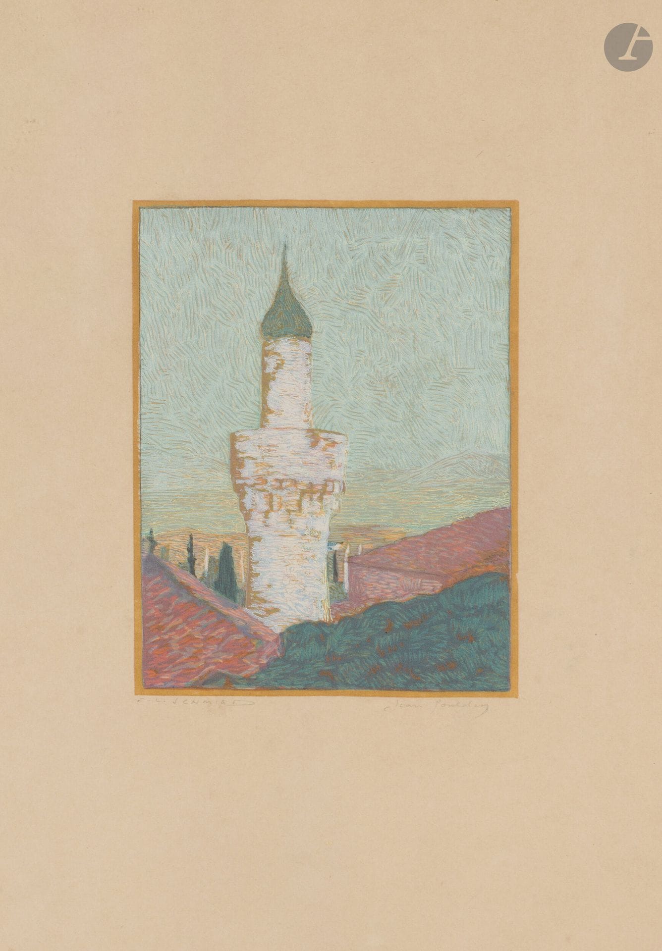 François-Louis Schmied (1873-1941)
Pl. pour Salonique. La Macédoine. L’Athos. Paris, Les Auteurs, 1922. Gravure sur bois d’après J. Goulden. À vue: 300x425mm. Impression en couleurs. Très belle épreuve sur japon, signée au crayon par les deux artistes. Petites auréoles d’humidité aux bords du feuillet. Toutes marges. Cadre (non examinée hors du cadre).