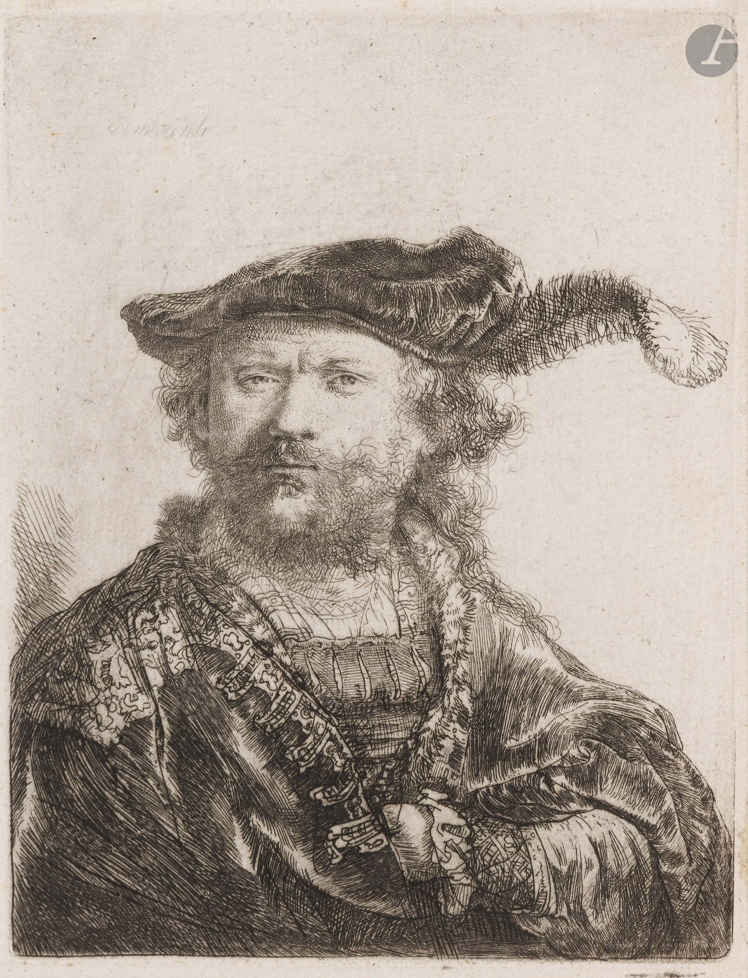 Rembrandt Harmensz. van Rijn (1606-1669)
Rembrandt with a feathered cap. 1638. Etching and drypoint. 105x135mm. Bartsch 20; New Hollstein 170. Very fine proof on 18th c. laid paper, of the 3rd state (of 4), with oblique scuffing to the left and with various repeats, notably in the right ear, but before repeating the signature. Small margins with slightly rounded corners.