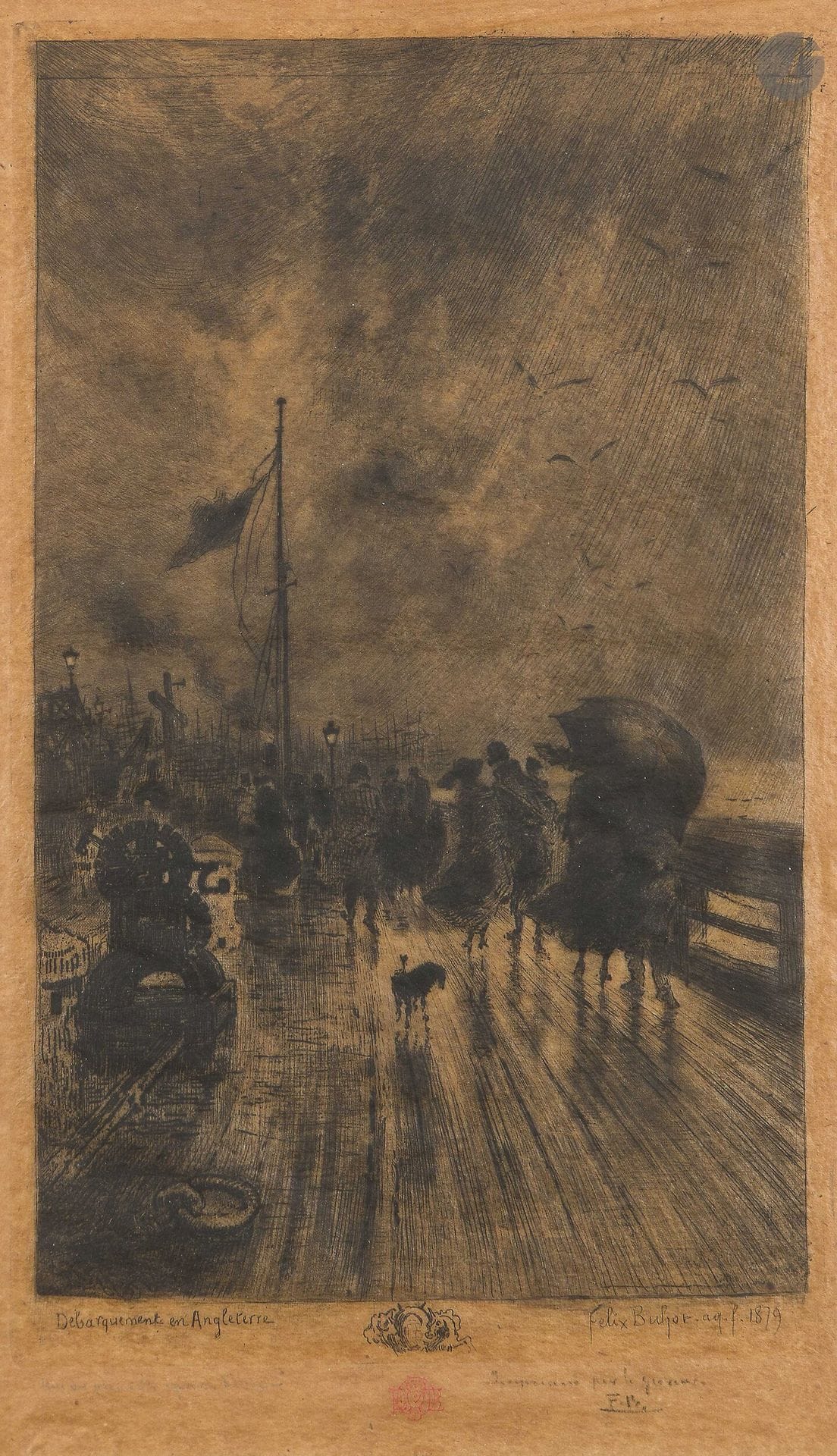 Félix Buhot (1847-1898)
Un débarquement en Angleterre. 1879. Eau-forte, pointe sèche, aquatinte et roulette. À vue: 185x315mm. Bourcard-Goodfriend 130. Très belle épreuve sur japon mince oxydé (ou papier essencé?), annotée «Imprimé par le graveur» et signée des initiales au crayon, timbrée (Lugt 977). Marges. Cadre (non examinée hors du cadre).