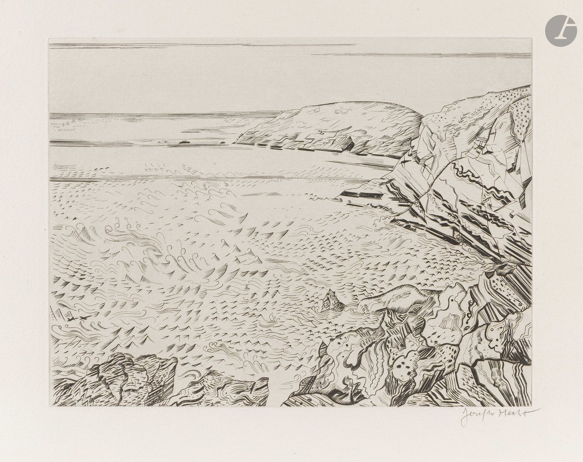 Joseph (Józef) Hecht (polonais, 1891-1951)
Ile des cormorans. 1938-1939. Burin. Chaque [400x300mm]. Plumart, Tonneau-Ryckelynck 311 à 320. Suite complète de 10 pl. Parfaites épreuves sur vergé de Montval au filigrane du brochet, toutes signées au crayon. Toutes marges. Contenues dans un portefeuille et un emboîtage de toile bise.