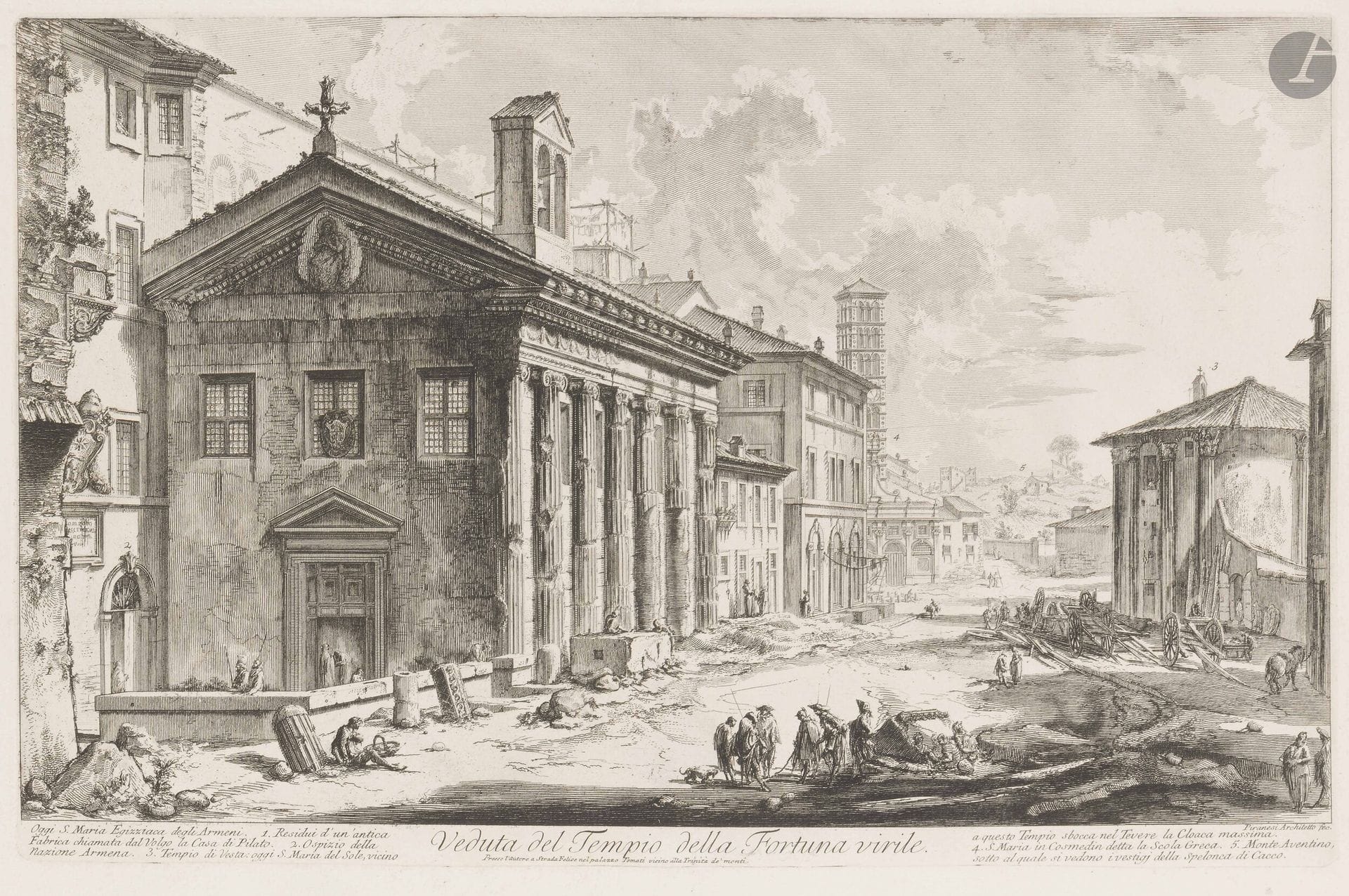 Giambattista Piranesi (1720-1778)
Veduta del Tempio della Fortuna Virile. (Le Temple de la Fortune virile, aujourd’hui église Sainte-Marie l’Égyptienne). 1758. Eau-forte et burin. 585x375mm. Hind 46. Très belle épreuve sur vergé fort, d’un état intermédiaire entre le 2e et le 3e (sur 7), avant l’inscription du prix. Pli vertical médian normal. Quelques rousseurs claires éparses. Onglet de montage le long du bord droit au verso. Toutes marges. Tirage romain.
