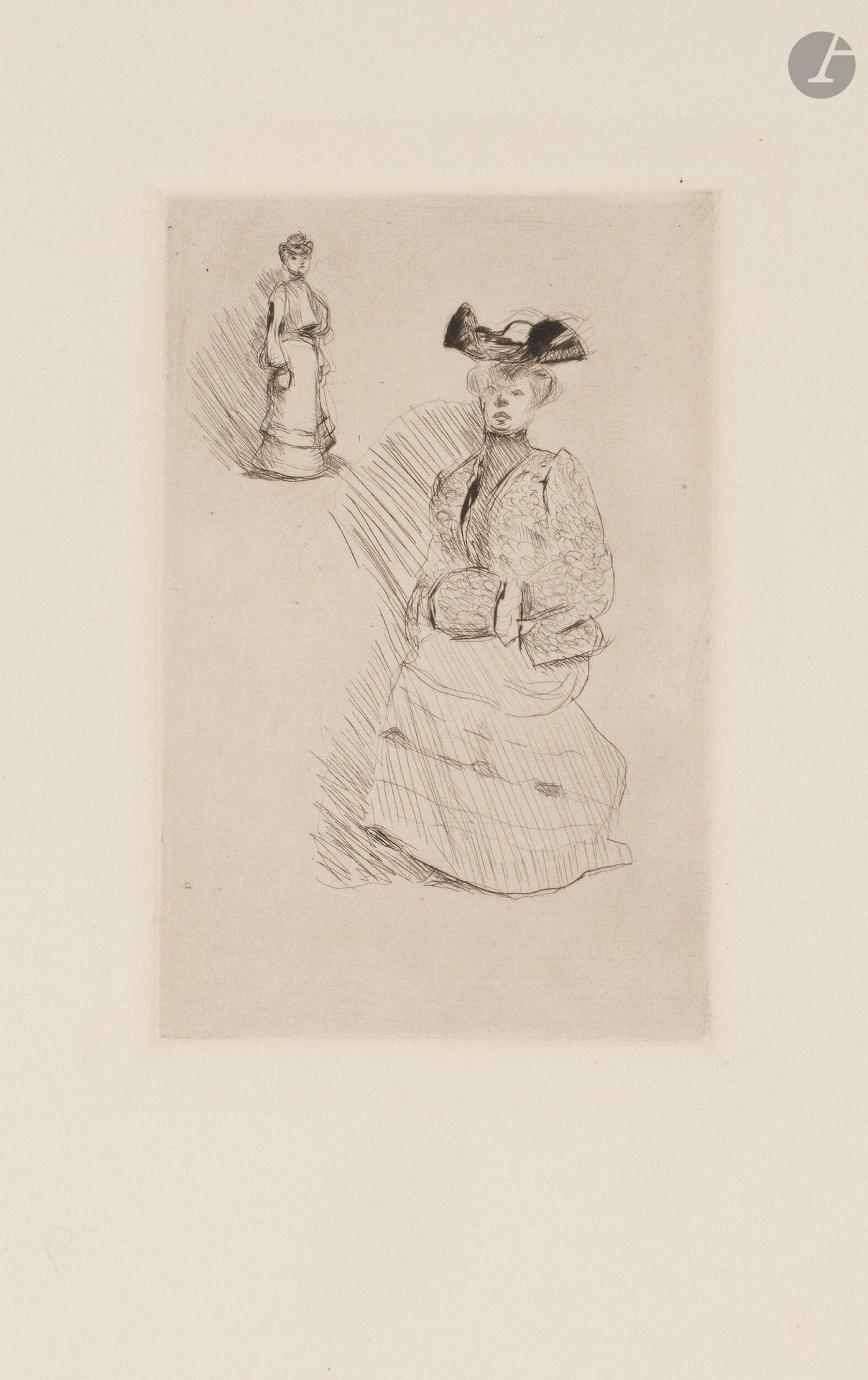 Henri Matisse (1869-1954)
Two women in town dress. 1900-1903. Drypoint. 100x149mm. Duthuit-Garnaud 13. Very fine proof on ivory vellum, numbered and signed in pen and ink at the foot. Two small remnants of old mounting at left edge verso. All margins untrimmed [254x330mm]. Edition of 30 proofs. 

Provenance:
Henri Marie Petiet (1894-1980).