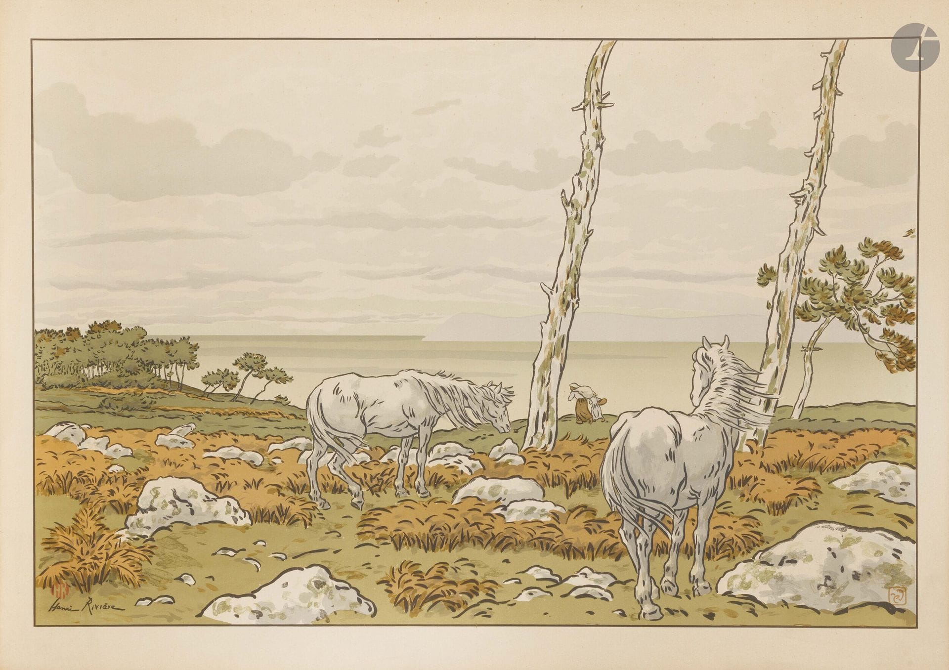 Henri Rivière (1864-1951)
La Baie. (Pl. des Aspects de la Nature). 1897. Lithographie. 828x550mm. Levasseur-Le Bohec 1. Impression en couleurs. Très belle épreuve sur vélin glacé. Infime oxydation et quelques petits accidents aux bords du feuillet. Toutes marges. Toutes marges.