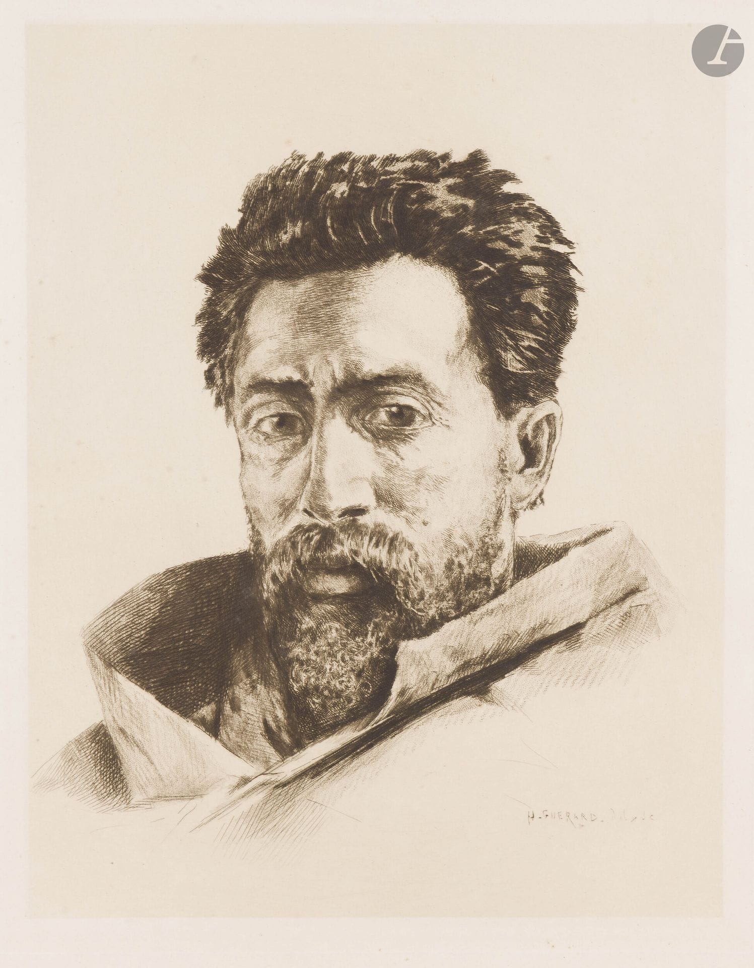 Henri Guérard (1846-1897)
A striker, head of a man (Guérard probably). Etching, roulette and drypoint. 324x414mm. Beraldi 212; Bertin 45. Very fine proof on strong vellum, from the 6th state (of 7), before copper reduction. Median horizontal fold. Some foxing and light dusting to the edges of the folio. Full margins. Joint: Portrait of a man, in profile to the left, wearing a beret, glasses and goatee. 1875. Etching and drypoint. 200x250mm. Beraldi 185; Bertin 48. Very fine proof on cream laid paper, signed in pencil. Slight dusting to edges. Full margins. Set. 2 p.