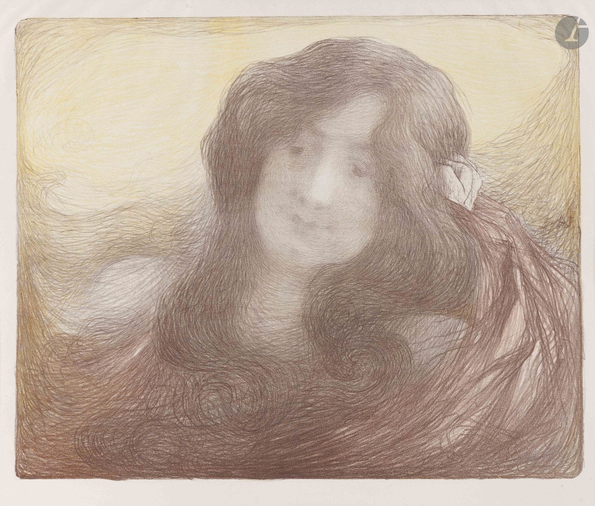 Edmond Aman-Jean (1860-1936)
Young woman with long hair. 1898. Lithograph. 470x385mm. Color print. Very fine and fresh proof on chine volant. Full margins.