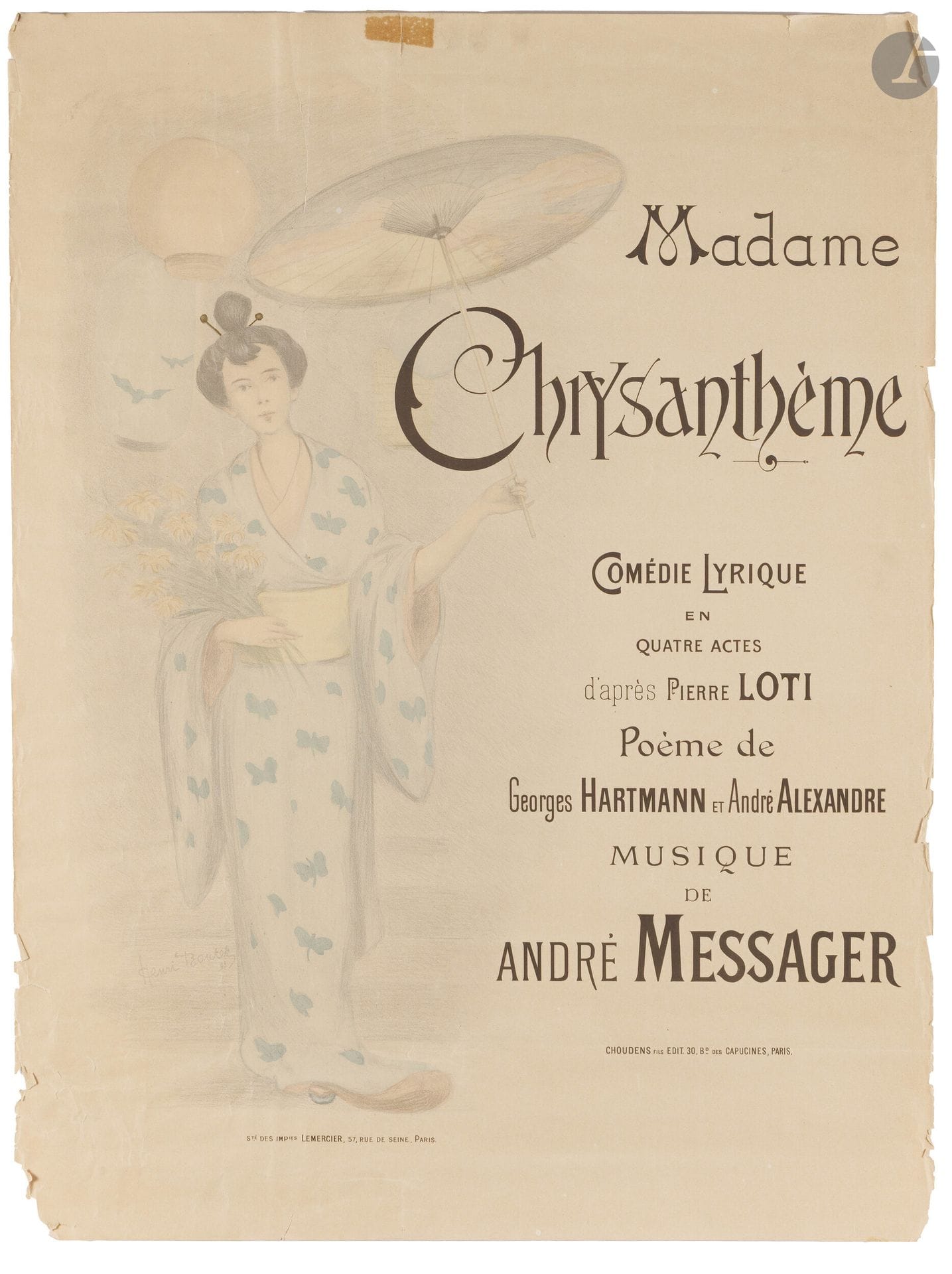 Henri Boutet (1851-1919)
Madame Chrysanthème. Lyric comedy in four acts after Pierre Loti... Poster. 1893. Lithograph. [600x805mm]. Printed in colors. Fine proof on thin vellum. Numerous fine vertical broken folds. Damage to the edges of the folio, including two long tears at the head. Full margins.