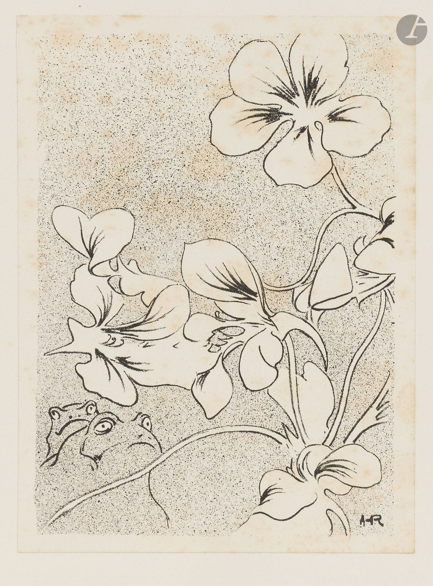 Henri Rachou (1855-1944)
Cyclamens. 1894. Lithographie. [134x180mm]. Belle épreuve sur vélin blanc, collée en plein sur bristol. Rousseurs claires éparses. Toutes marges. 

Provenance:
Michel Romand (1929-2013), arrière-petit-fils d’Edmond Sagot (1857-1917).

Cette planche servit à illustrer le catalogue de l’exposition organisée par le journal La Dépêche de Toulouse, ouverte le 15 mai 1894 dans ses salons. 
Parmi les artistes ayant également fourni une illustration lithographiée, on trouve Pierre Bonnard, Maurice Denis, Eugène Grasset, Henri de Toulouse-Lautrec, Félix Vallotton, Édouard Vuillard… Rachou et Toulouse-Lautrec, compatriotes, entretinrent une longue amitié. On peut penser que c’est auprès de son ami que Rachou apprit la technique du crachis lithographique mise en œuvre ici.