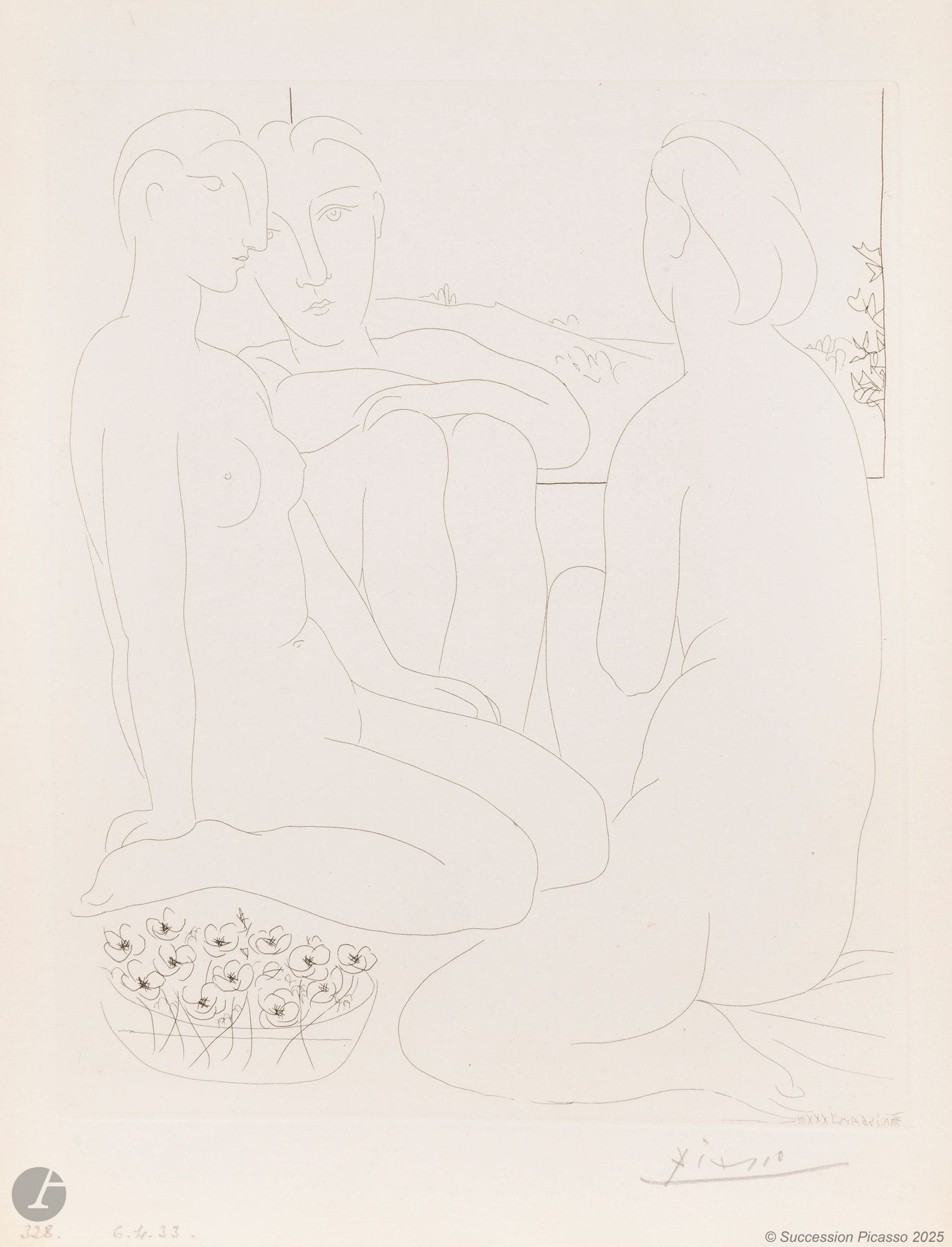 Pablo Picasso (1881-1973)
Three Nude Women and a Cup of Anemones. (Suite Vollard, pl. 67). April 6, 1933. Etching. 367x298 [343x445mm]. Bloch 176; Baer 329 B d. Very fine and fresh proof on Montval laid paper watermarked "Vollard", from an edition of 260 proofs at small margins, signed in pencil. Tiny dots in the flank of the right-hand figure. All margins untrimmed. 

Provenance: Ambroise Vollard
Ambroise Vollard (1866-1939) then Henri Marie Petiet (1894-1980).