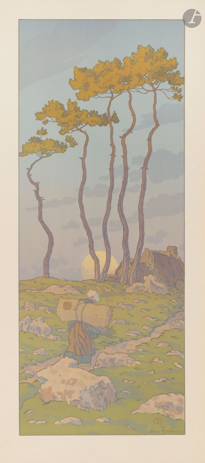 Henri Rivière (1864-1951)
La Pleine lune. (Pl. de La Féerie des heures). 1902. Lithographie. 240x600mm. Levasseur-Le Bohec 70. Impression en couleurs. Parfaite épreuve sur vélin glacé ivoire. Toutes marges. Joint: L’Aube. (Pl. de La Féerie des Heures). 1901. Lithographie. 598x240mm. Levasseur-Le Bohec 62. Impression en couleurs. Belle épreuve sur vélin glacé ivoire. Larges épidermures dans le sujet, formant traces blanches. Toutes marges. Ens. 2 p
