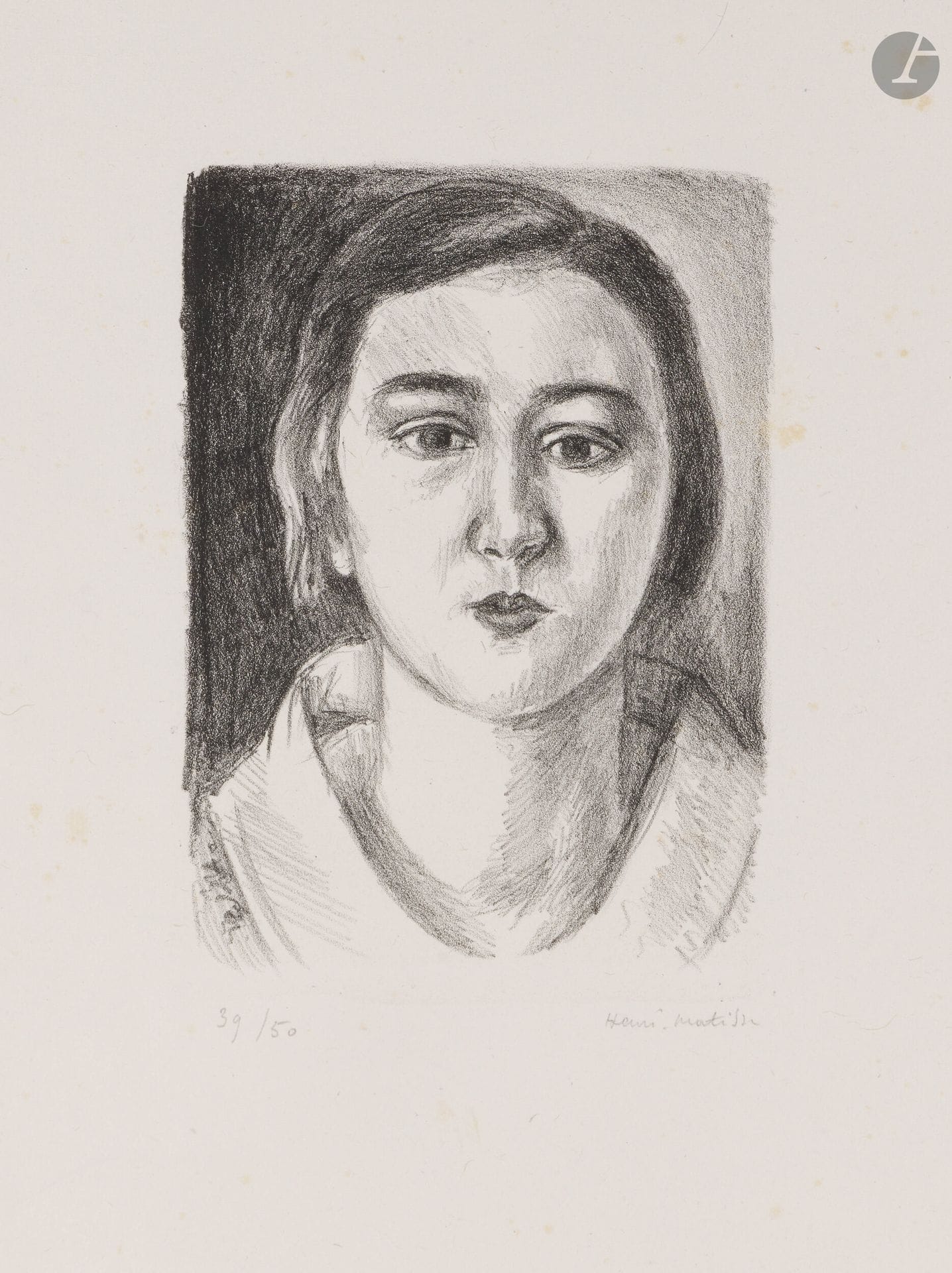 Henri Matisse (1869-1954)
Jeune fille au col d’organdi. 1923. Lithographie. 150x201mm. Duthuit-Garnaud 428. Très belle épreuve sur chine volant, numérotée et signée au crayon. Quelques rousseurs claires, notamment le long du bord droit du feuillet. Petit trou dans l’angle inférieur droit. Toutes marges [285x375mm]. Tirage à 50 épreuves. 

Provenance:
Henri Marie Petiet (1894-1980).