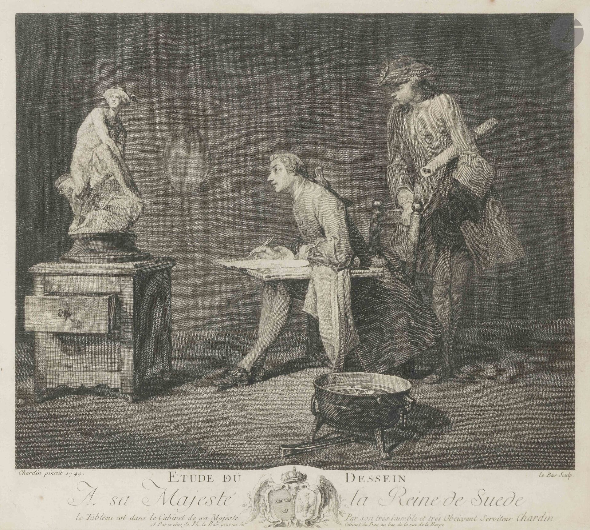Jean Siméon Chardin (1699-1779) (d’après)
Étude du dessein. 1757. Gravé par J. Ph. Le Bas. À vue: 330x295mm. Bocher 18. Très belle épreuve sur vergé, légèrement insolée. Marges. Cadre (non examinée hors du cadre). 

Le tableau original figura à l’exposition des tableaux du Louvre en 1753, sous le titre Un dessinateur d’après le Mercure de Mr Pigalle. Il se trouve aujourd’hui au Musée d’art occidental de Tokyo.

«En mettant en évidence le Mercure de Pigalle posé sur une demi-commode, Chardin voulait avant tout rendre hommage à un ami. Pigalle (1741-1785) avait exécuté la terre cuite de son Mercure attachant sa talonnière à Rome, entre 1736 et 1740. En 1742, il achevait un grand groupe en marbre destiné à Frédéric de Prusse et les critiques bienveillants du Salon placent Chardin et Pigalle parmi les plus grands artistes français du temps. Chardin possédait d’ailleurs un exemplaire du Mercure, mentionné dans son inventaire après décès de 1779 (estimé 6 livres!), qu’il devait reproduire à plusieurs reprises dans ses tableaux […] Pigalle pour sa part ne dédaignait pas Chardin dont il possédait six tableaux…» (Pierre Rosenberg, Chardin 1699-1779, cat. d’exposition, Paris, Grand Palais, RMN, 1979, p.293).