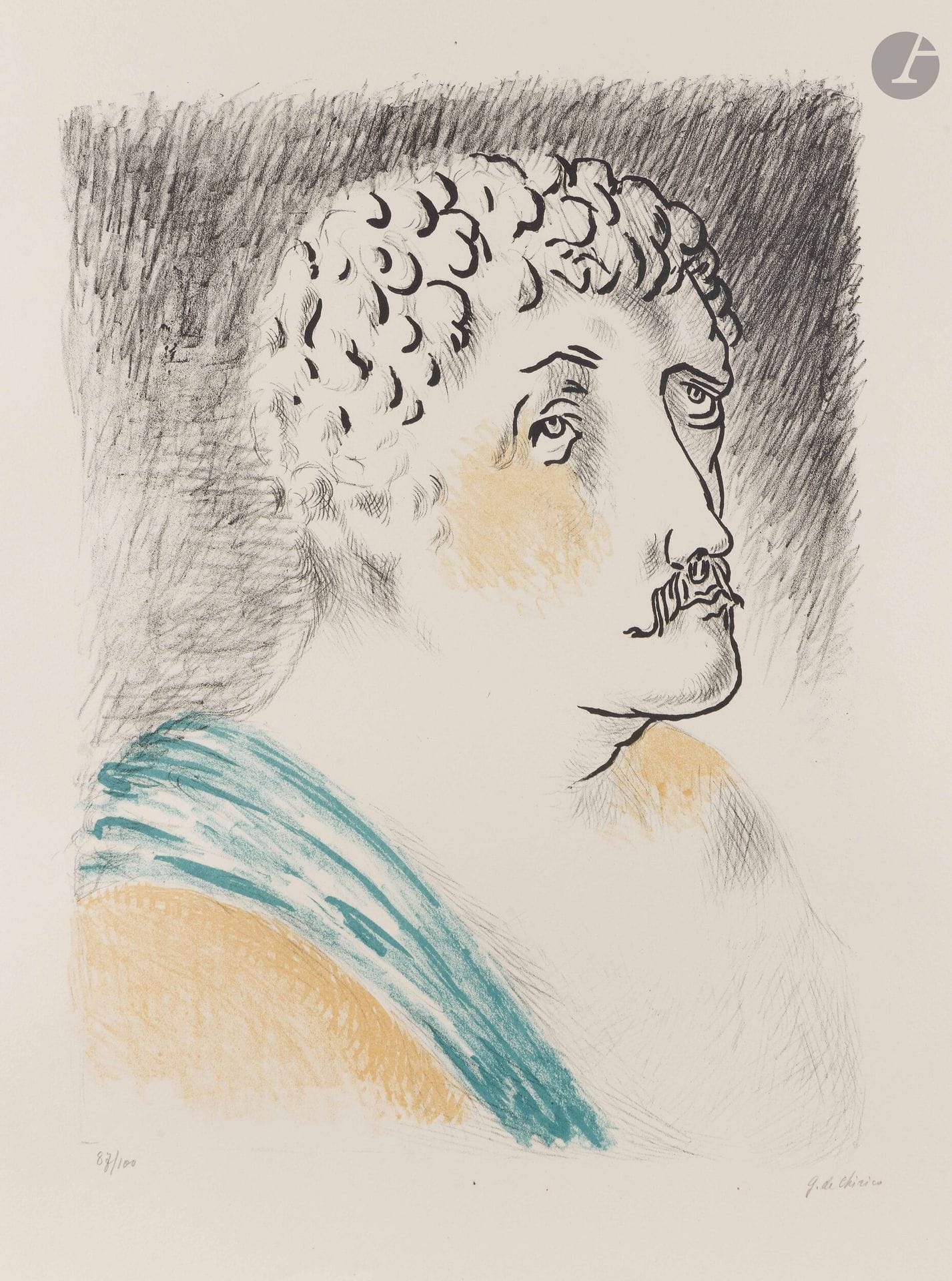 Giorgio de Chirico (1888-1978)
Hebdomeros, or The Dictator. (Pl. from the suite Métamorphoses, Paris, ed. des Quatre Chemins, 1929). Lithograph. 305x410mm. Ciranna 13. color print. Perfect proof on white vellum, numbered and signed in pencil. Full margins. Edition of 100 proofs.