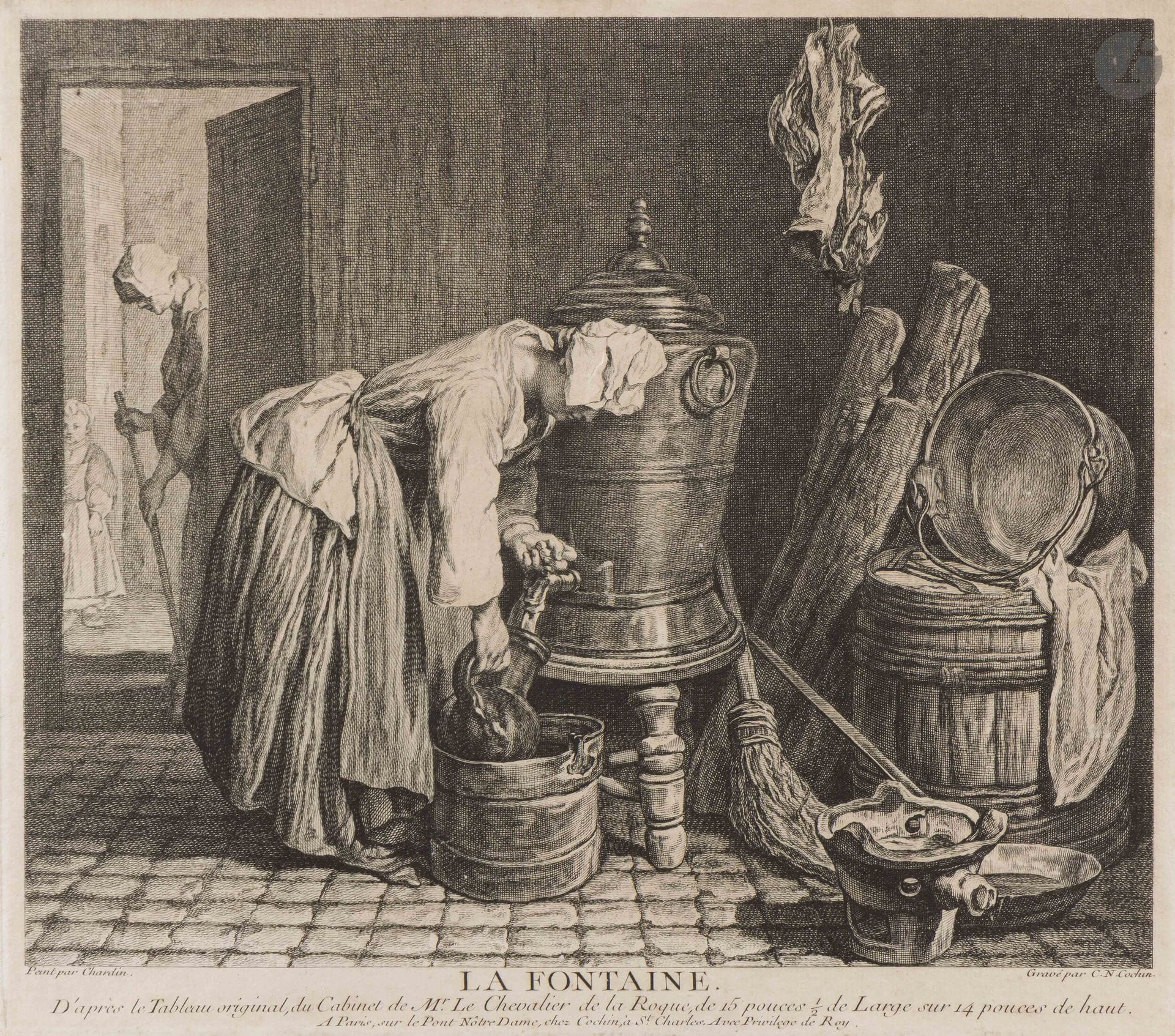 Jean Siméon Chardin (1699-1779) (d’après)
La Fontaine. 1739. Gravé par C. N. Cochin. 310x280mm. Bocher 21. Belle épreuve sur vergé, rognée à l’extérieur du coup de planche, soigneusement lavée. Petite amincissure au centre au verso, perceptible par transparence. Quelques très claires rousseurs. Deux infimes points blancs en surface. Marges de 2-5mm. 

Le tableau original figura à l’exposition des tableaux du Louvre en 1737, sous le titre Une fille tirant de l’eau à une fontaine. C’est sans doute cette version sur toile, provenant de la collection Eudoxe Marcille, qui fut vendue par Christie’s en 2021, car elle provenait de la collection du chevalier de la Roque, vendue en 1745 par Gersaint, puis de la collection du vicomte d’Harcourt. À son sujet, Théophile Gautier écrit dans L’Artiste, le 15 février 1864: «On voit là ce dont personne n’a parlé: la vie bourgeoise et familière du XVIIIe siècle, où il n’y avait pas que des ducs, des marquises et des danseuses, comme on pourrait le croire. D’ailleurs, quelle justesse de mouvement dans cette figure penchée! quelle largeur de plis dans ses humbles vêtements! Et la fontaine en cuivre rouge? Les Hollandais n’ont rien fait de mieux, et croyez que Chardin n’a pas mis un mois à la polir.» Une autre version de ce tableau, datée de 1733 ou 1735, peinte sur bois, appartenait à la reine de Suède et se trouve aujourd’hui au Musée National de Stockholm. Le catalogue de l’exposition de 1979 donne cependant ce tableau comme l’original. (Pierre Rosenberg, Chardin 1699-1779, cat. d’exposition, Paris, Grand Palais, RMN, 1979, p.195).