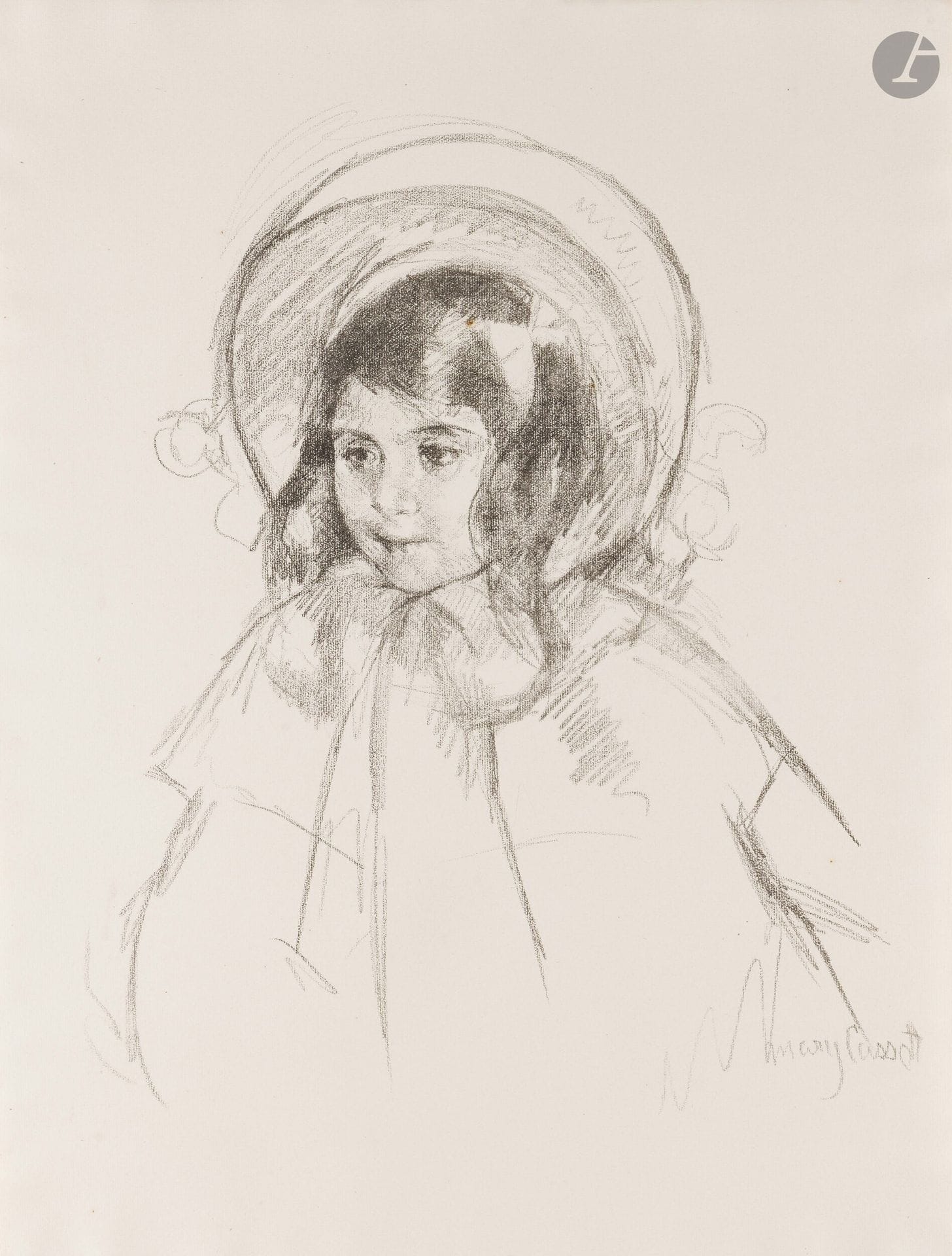Mary Cassatt (américaine, 1844-1926)
Sarah Wearing her Bonnet and Coat. Vers 1904. Lithographie. [475x630mm]. Breeskin 198. Très belle épreuve sur vergé mince filigrané «mbm». Quelques points de rouille, dont un dans la chevelure au centre. Léger friselis normal aux bords du feuillet. Toutes marges non ébarbées. 

Provenance:
Ambroise Vollard (1866-1939) puis Henri Marie Petiet (1894-1980).