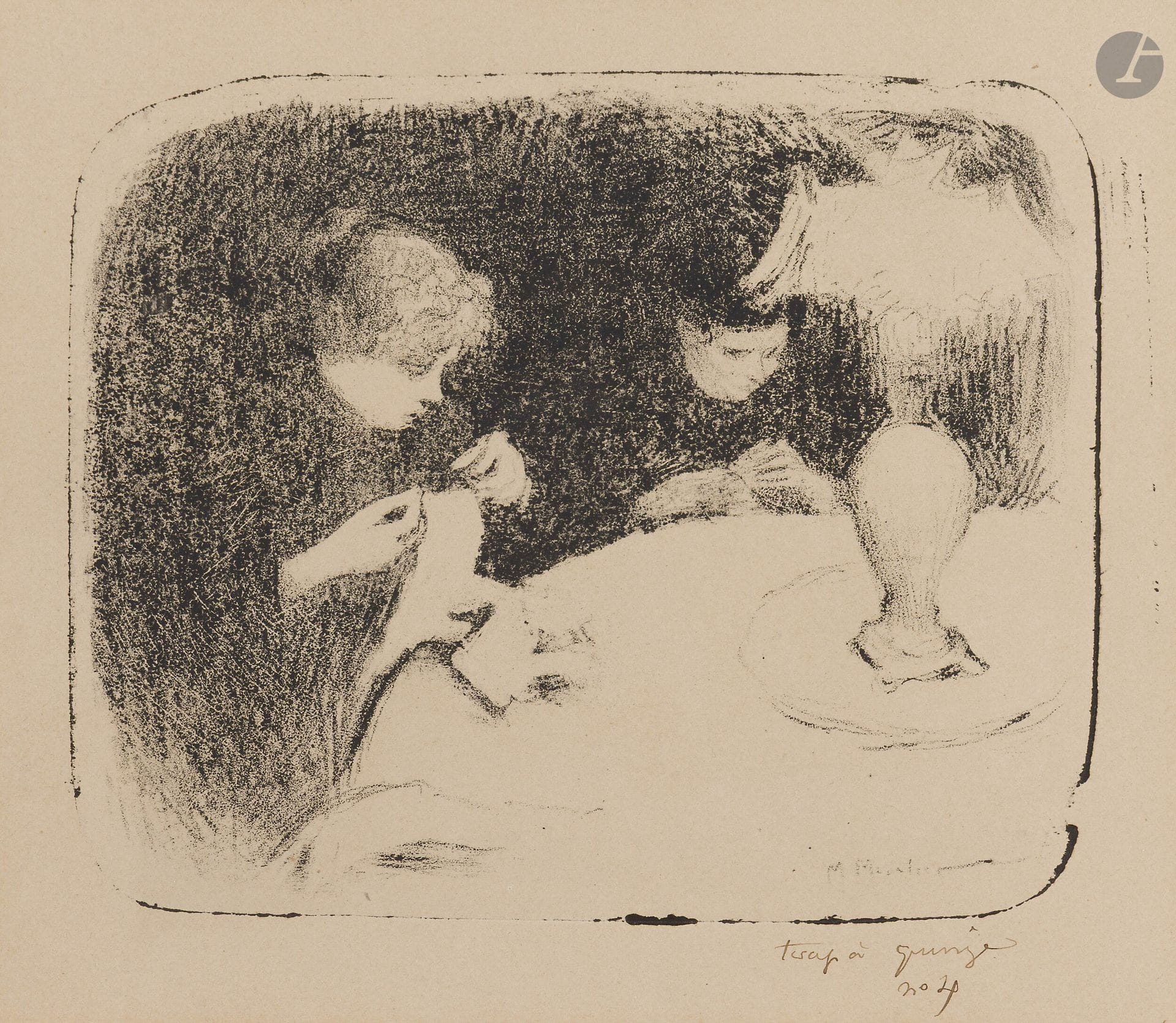 Marc Mouclier (1866-1947)
Two women sewing under a lamp. Circa 1895. Lithograph. 162x135mm. Very fine proof on cream vellum, annotated in pen and ink "tirage à quinze n° 4". Strong marginal oxidation. Full margins.