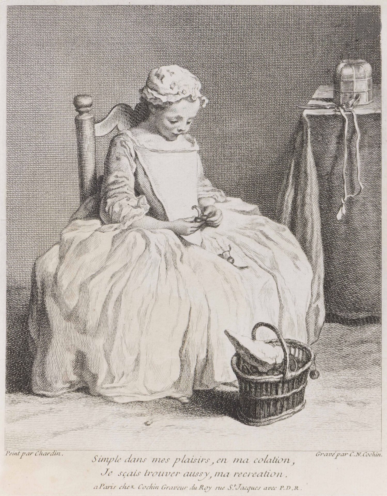 Jean Siméon Chardin (1699-1779) (d’après)
La Petite fille aux cerises. Vers 1740. Gravé par C. N. Cochin. 180x230mm. Bocher 44. Belle épreuve sur vergé, rognée sur le coup de planche, soigneusement lavée. Inscriptions anciennes à l’encre bleue au verso. Traces claires d’oxydation. Léger pli oblique dans l’angle inférieur droit. 

Le tableau original figura à l’exposition des tableaux du Louvre en 1737, sous le titre Une petite fille assise s’amusant avec son déjeuné. Il figurait dans la collection Henri de Rothschild, transportée à Bath, durant la guerre, où il fut détruit, avec d’autres œuvres en 1942 par une bombe allemande.