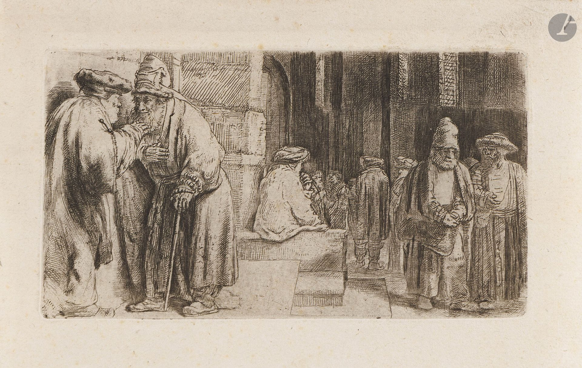 Rembrandt Harmensz. van Rijn (1606-1669)
Les Juifs à la synagogue. 1648. Eau-forte et pointe sèche. 130x71mm. Bartsch 126; New Hollstein 242. Très belle épreuve sur vergé mince ivoire, du 6e état (sur 9), avec la trace d’étau dans l’angle inférieur gauche, avant les reprises dans la fenêtre et le mur du fond à droite. Rares et infimes rousseurs. Bonnes marges. Tirage Basan.
