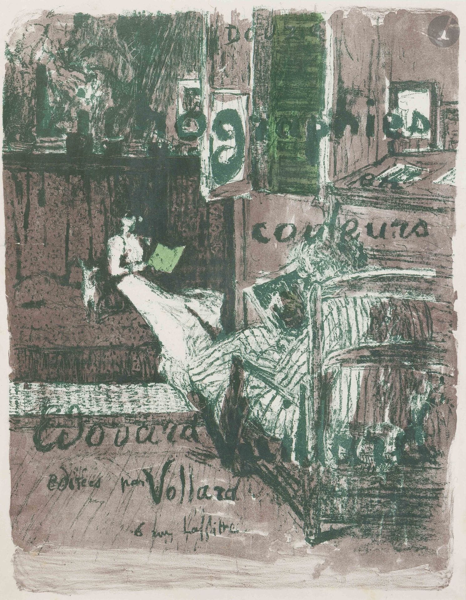 Édouard Vuillard (1868-1940)
Couverture pour la suite «Paysages et Intérieurs». 1899. Lithographie. À vue: 410x525mm. Roger-Marx 31; Johnson 155. Impression en couleurs. Belle épreuve sur chine volant. Déchirure horizontale de 40mm au bord gauche, pénétrant dans le sujet. Autre petite fracture au bord droit. Pli cassé oblique dans l’angle supérieur gauche du sujet. Infimes rousseurs. Marges. Cadre (non examinée hors du cadre).